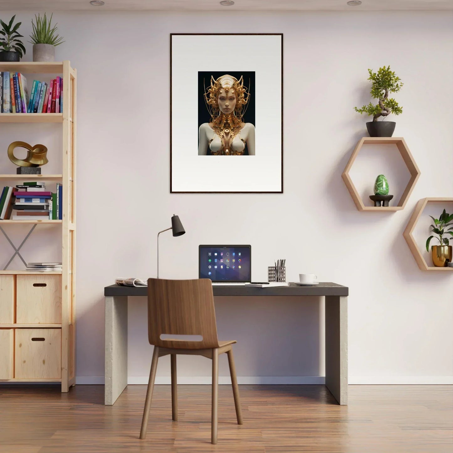 Modern home office with desk, chair, and Mechanical Goddess canvas print wall art