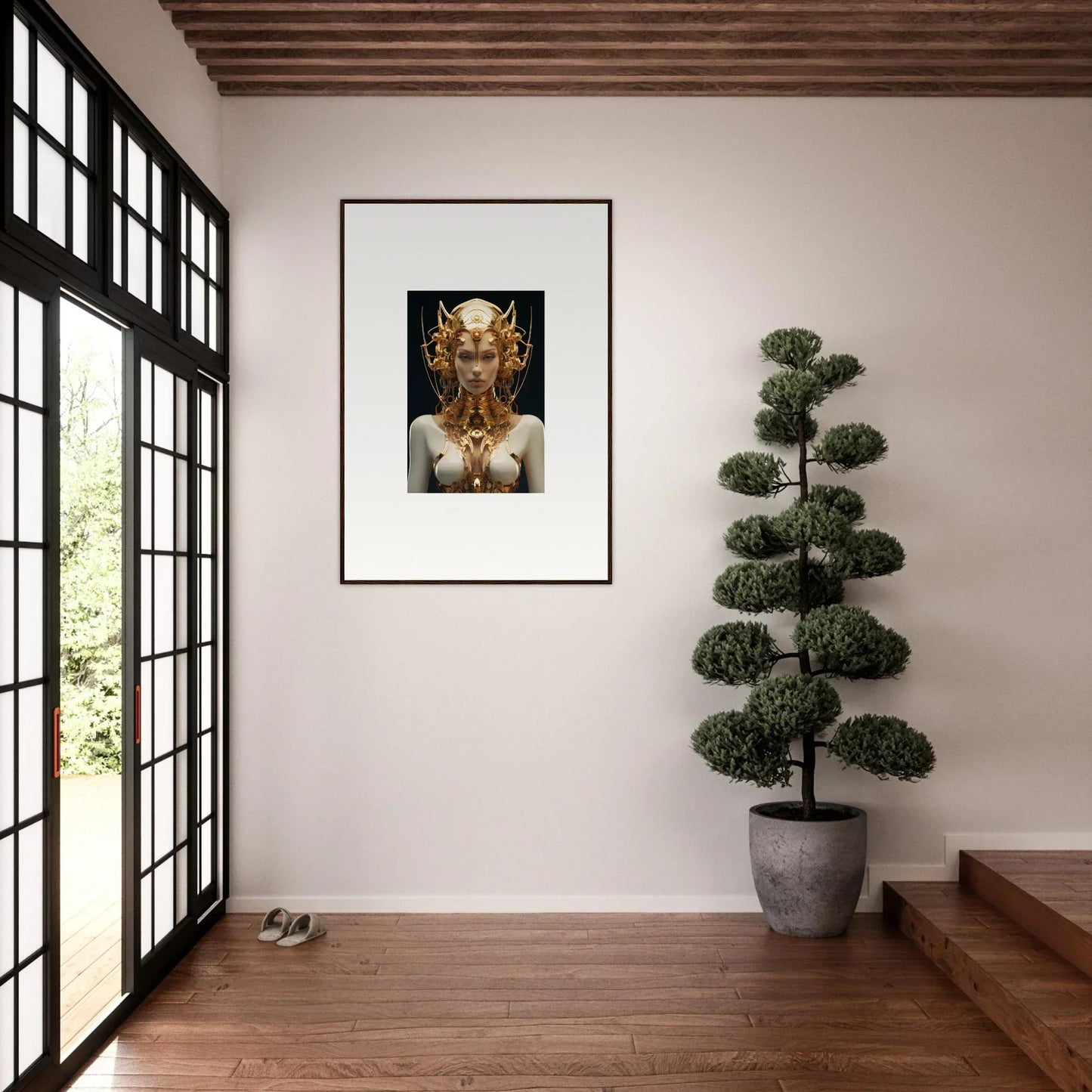 Framed canvas print of a Mechanical Goddess in golden headpiece for room decoration