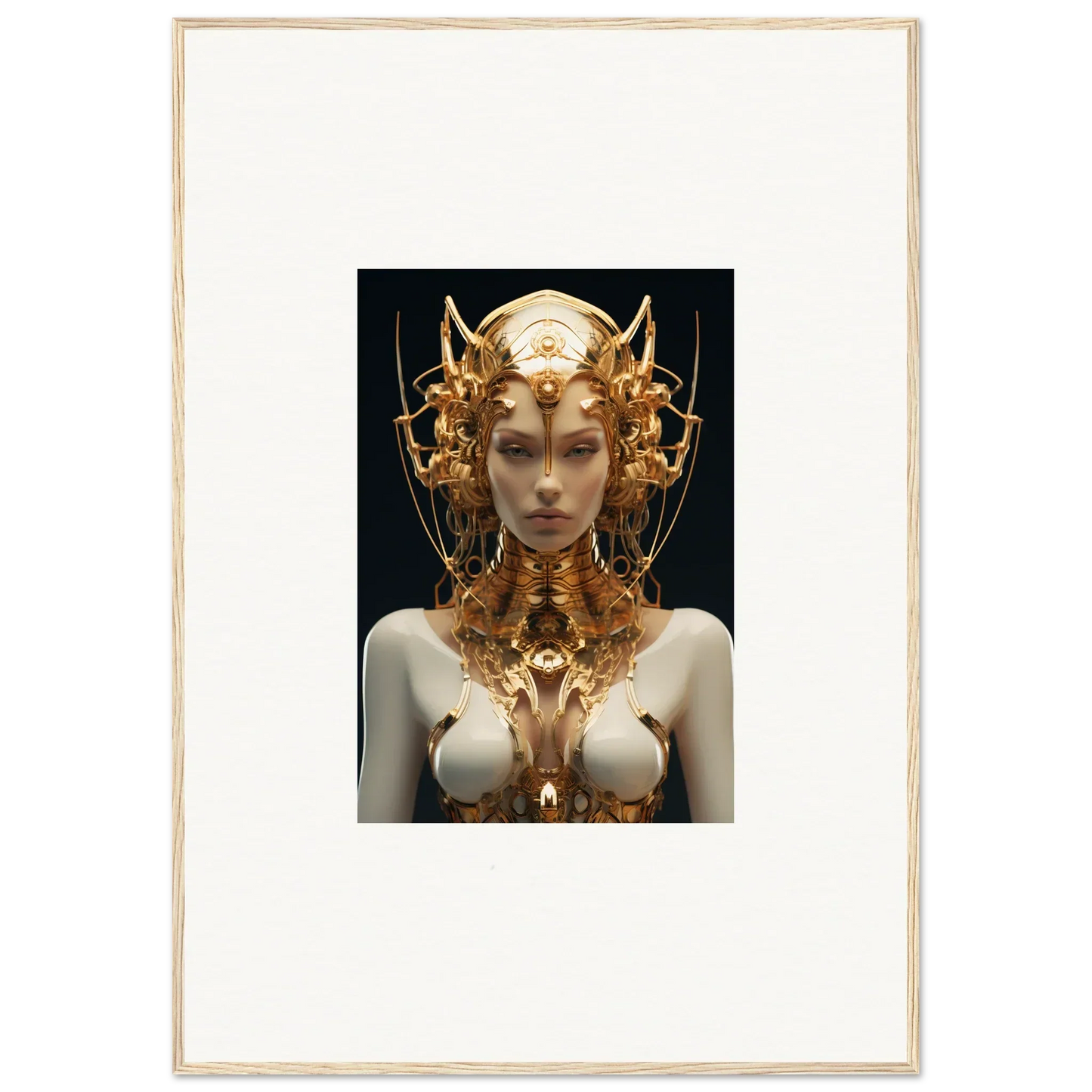 Ornate golden headdress and bodice on a pale figure, perfect for a mechanical goddess canvas print