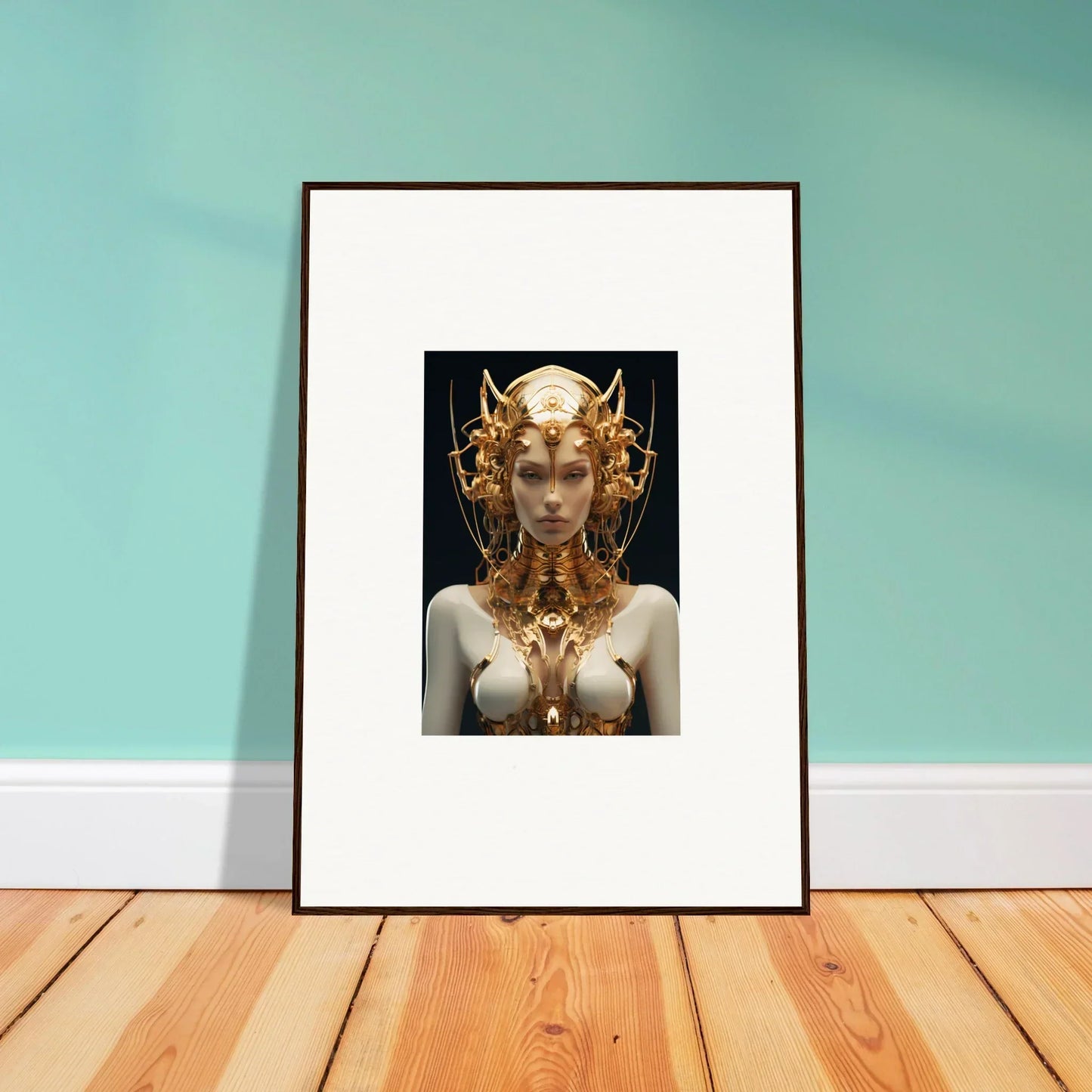 Framed canvas print of a Mechanical Goddess with a stunning golden headdress for room decoration