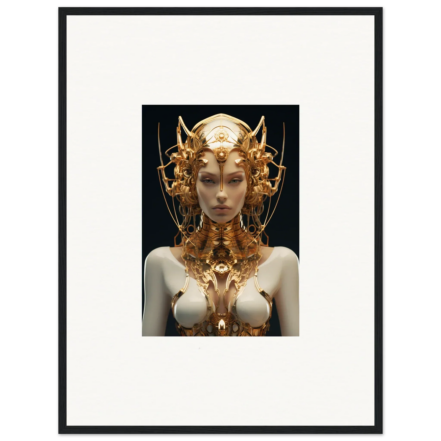 Ornate golden headdress and jewelry on a female figure, perfect for a Mechanical Goddess canvas print