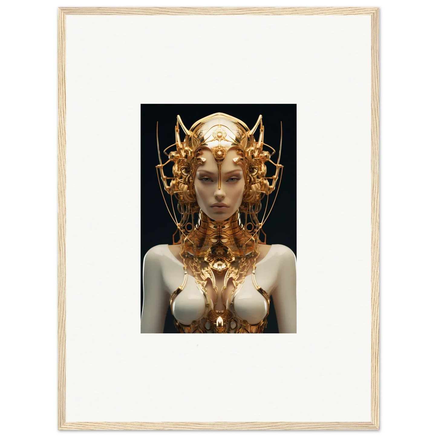 Ornate golden headdress on a serene figure, perfect for a Mechanical Goddess canvas print