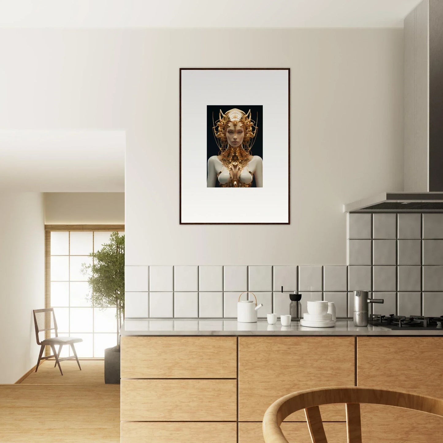 Framed canvas print of a Mechanical Goddess with ornate golden headdress for room decoration