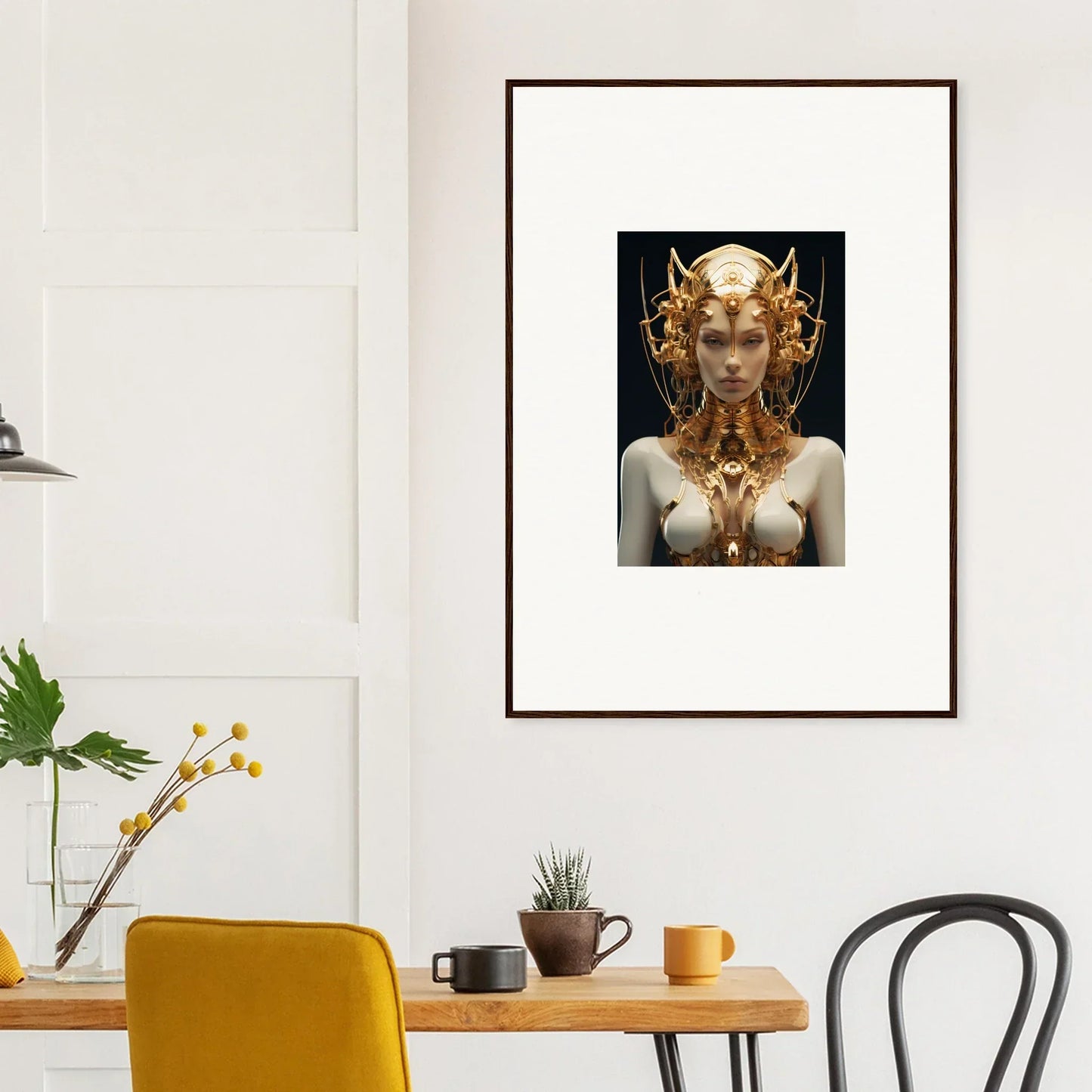 Framed canvas print of a Mechanical Goddess with ornate golden headdress for room decoration