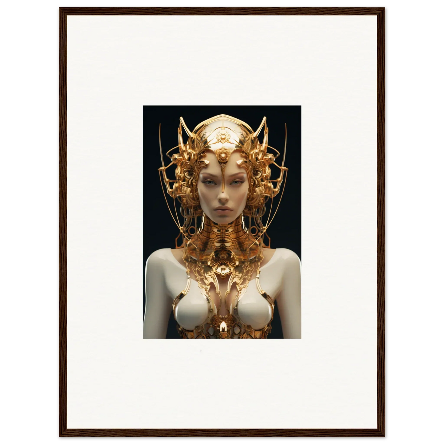 Surreal portrait of a Mechanical Goddess with a golden headpiece for room decoration