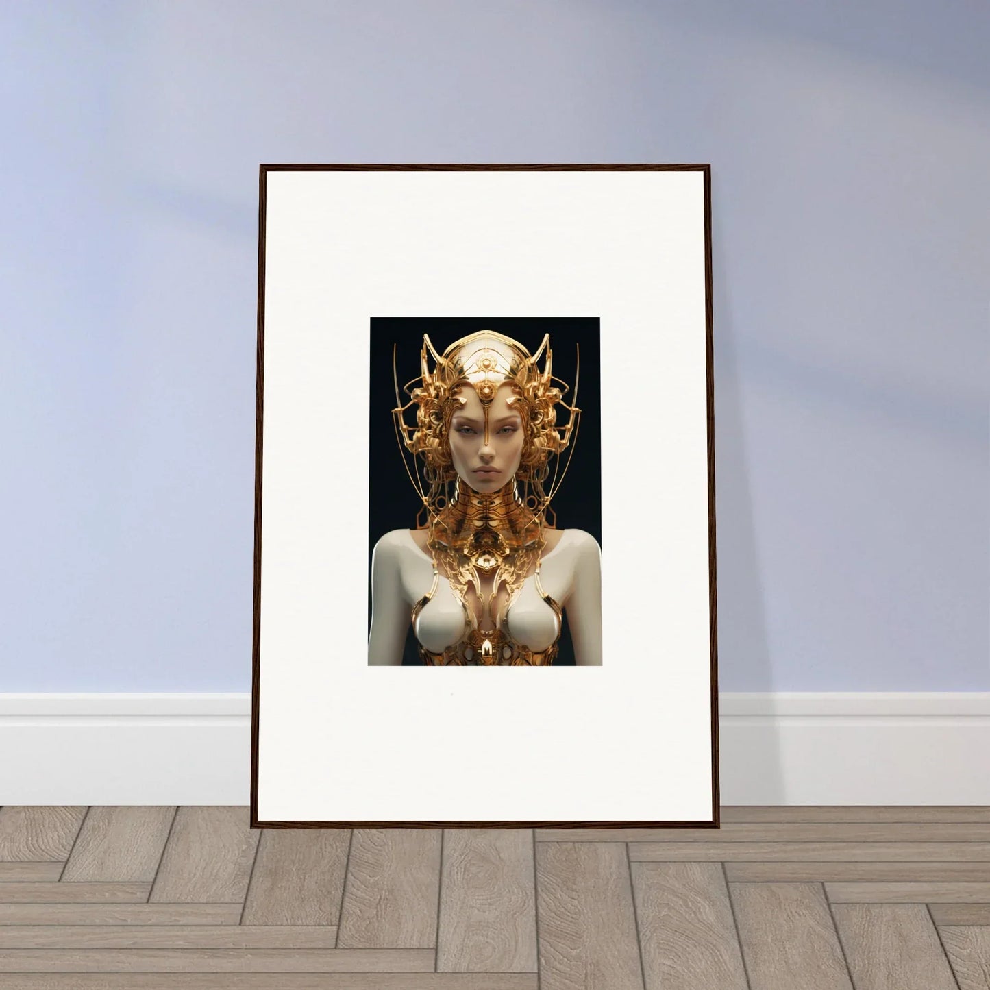 Framed canvas print of a Mechanical Goddess with a golden headdress for room decoration
