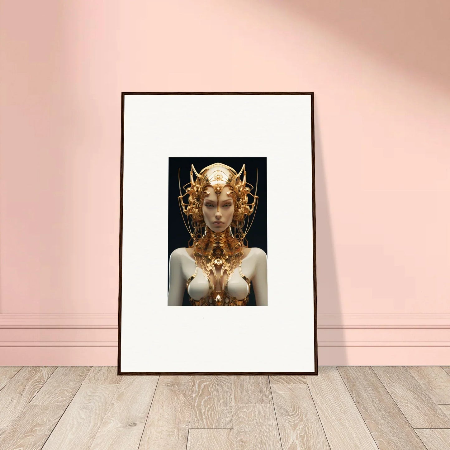 Framed canvas print of a Mechanical Goddess with a golden headdress for room decoration