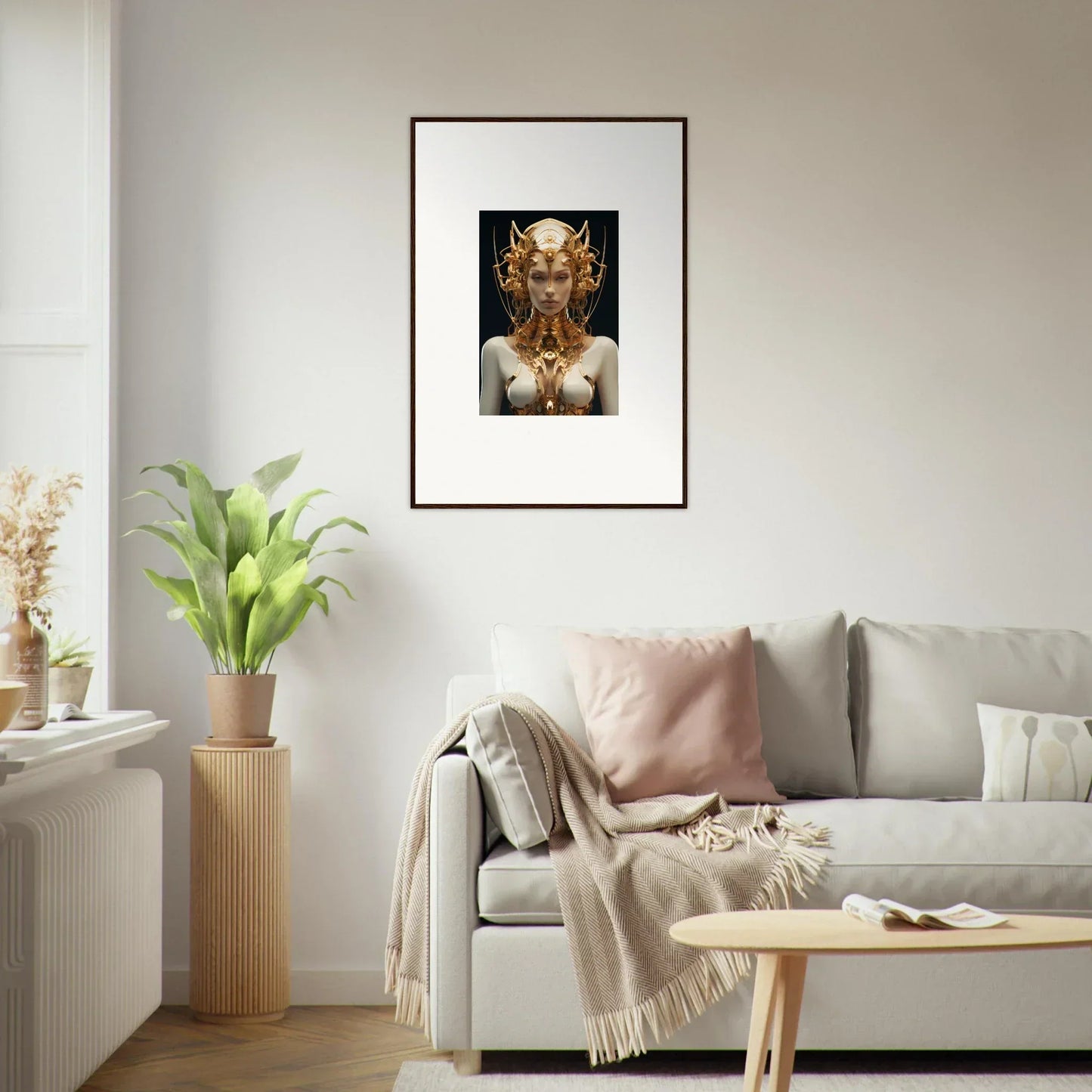 Framed canvas print of a Mechanical Goddess with a stunning golden headdress for room decoration