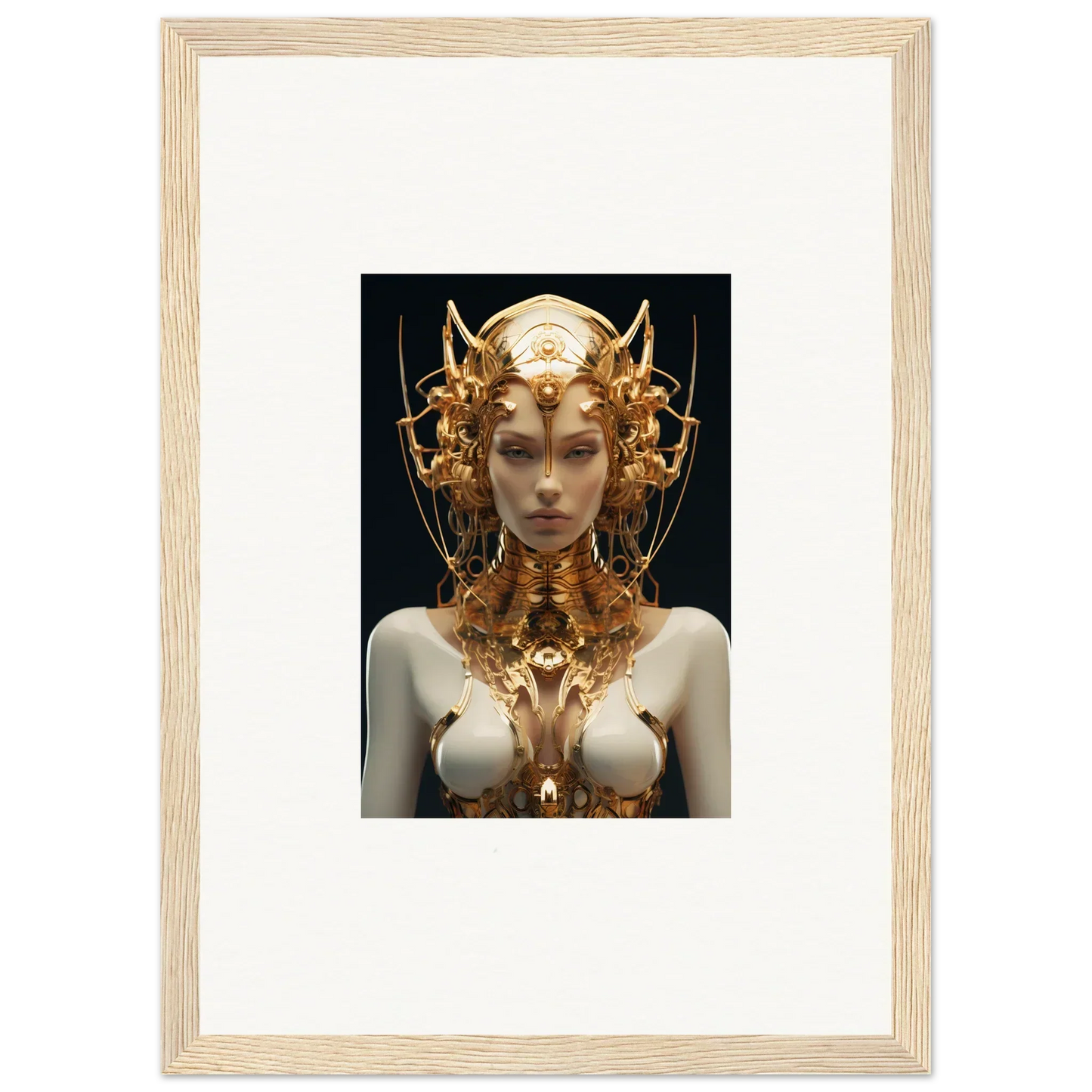 Ornate golden headdress on a pale figure, perfect for a Mechanical Goddess canvas print