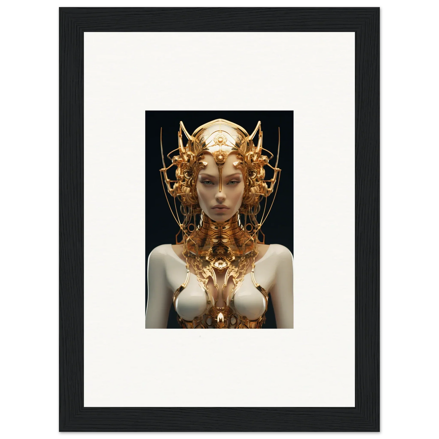 Ornate golden headdress on a pale figure, perfect for a Mechanical Goddess canvas print