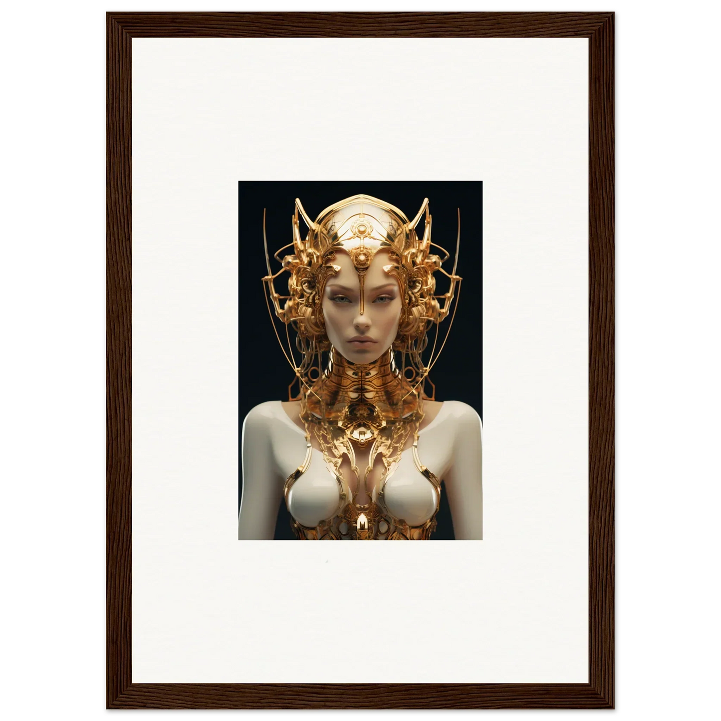 Elegant mechanical goddess in golden headdress, perfect for room decoration canvas print