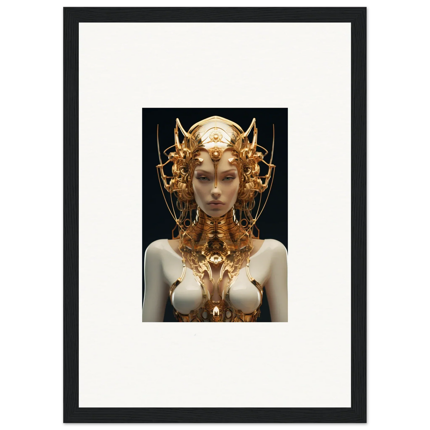 Ornate golden headdress and armor on a female mechanical goddess for room decoration