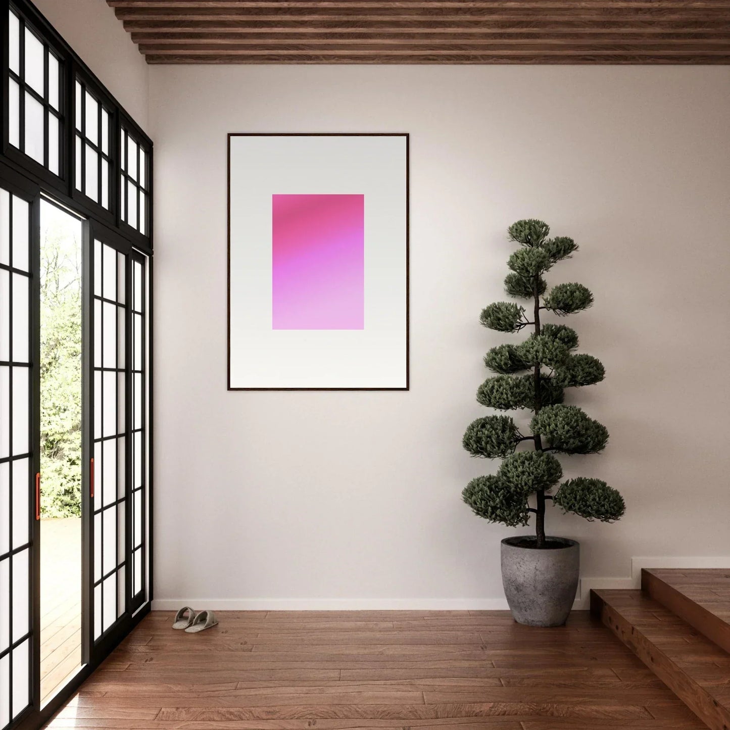 Framed wall art featuring cerise dream surface pink-to-purple gradient on a white wall