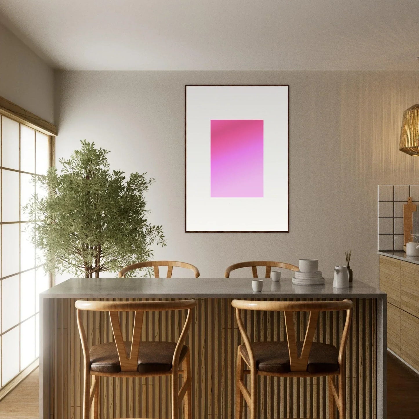 Minimalist dining setup with Cerise Dream Surface and pink gradient framed wall art