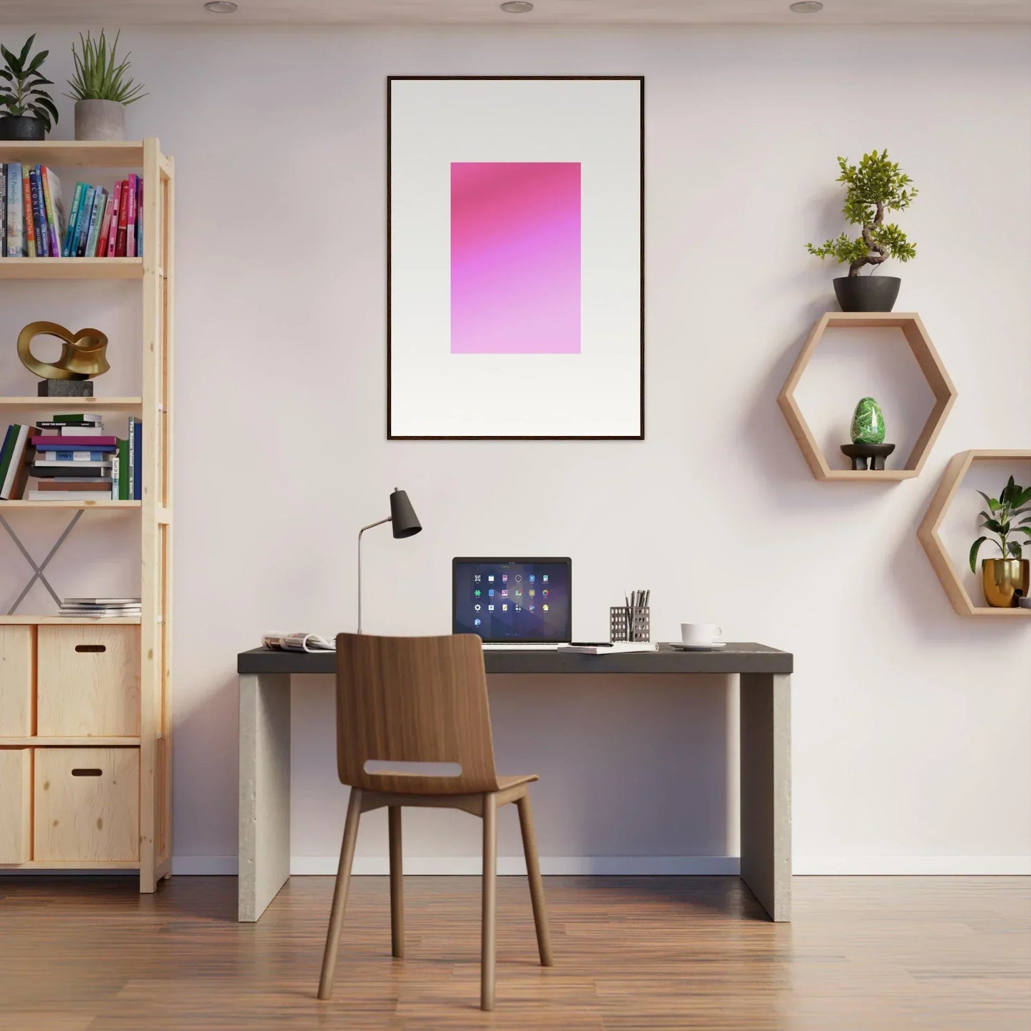 Modern home office with Cerise Dream Surface, dark desk, and stylish framed wall art