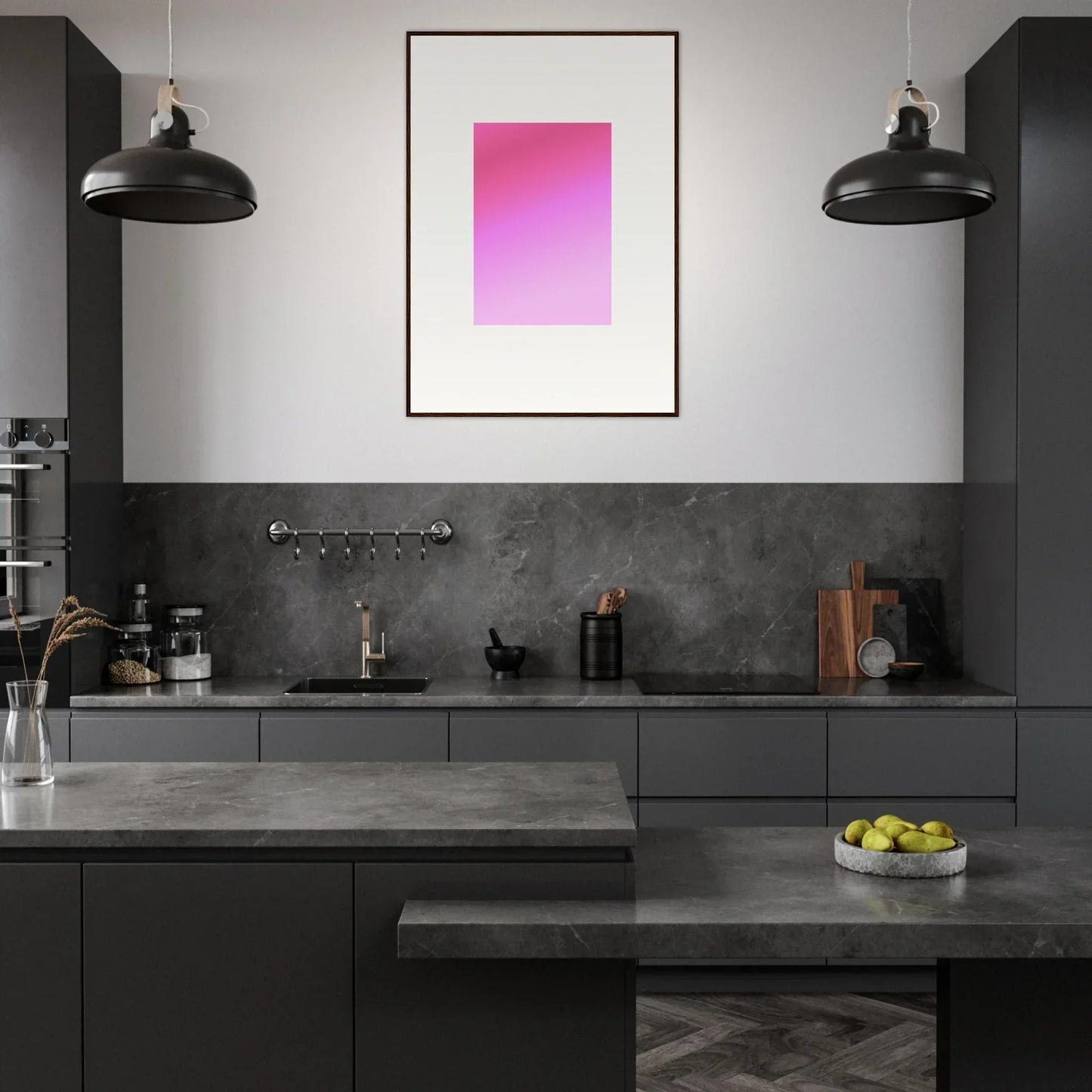 Modern dark kitchen with Cerise Dream Surface, matte black cabinets, and industrial lighting