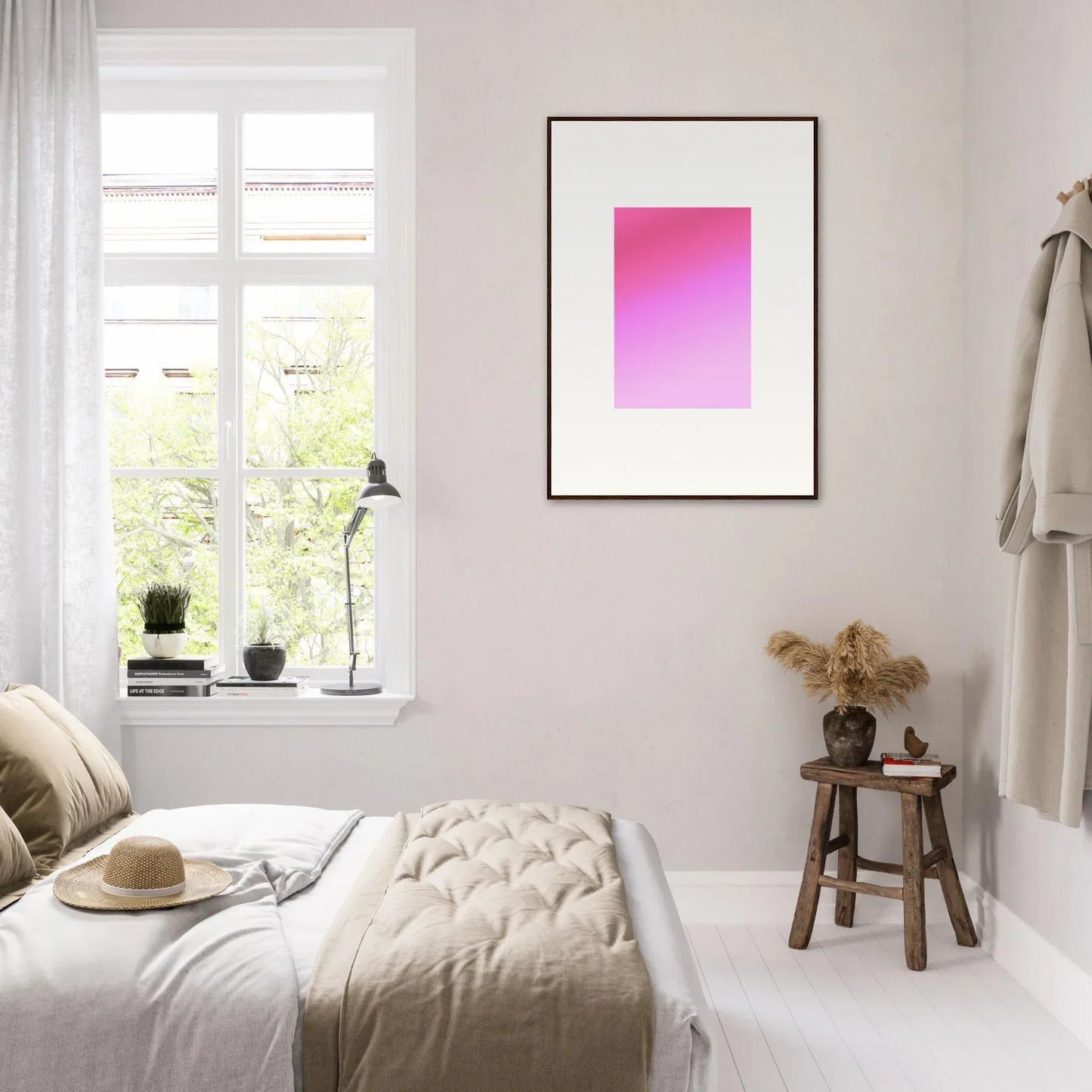 Minimalist bedroom featuring Cerise Dream Surface framed wall art with pink gradient