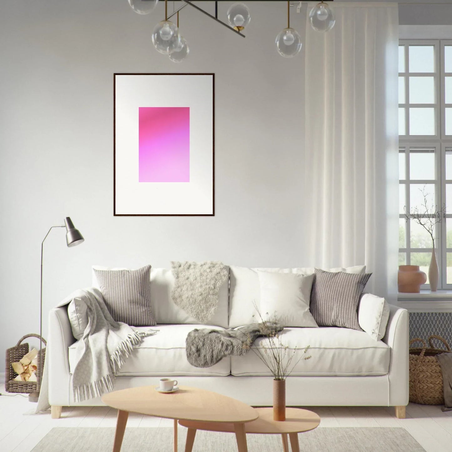 Cozy White Sofa with Gray and Cream Pillows on Cerise Dream Surface Special Edition Art