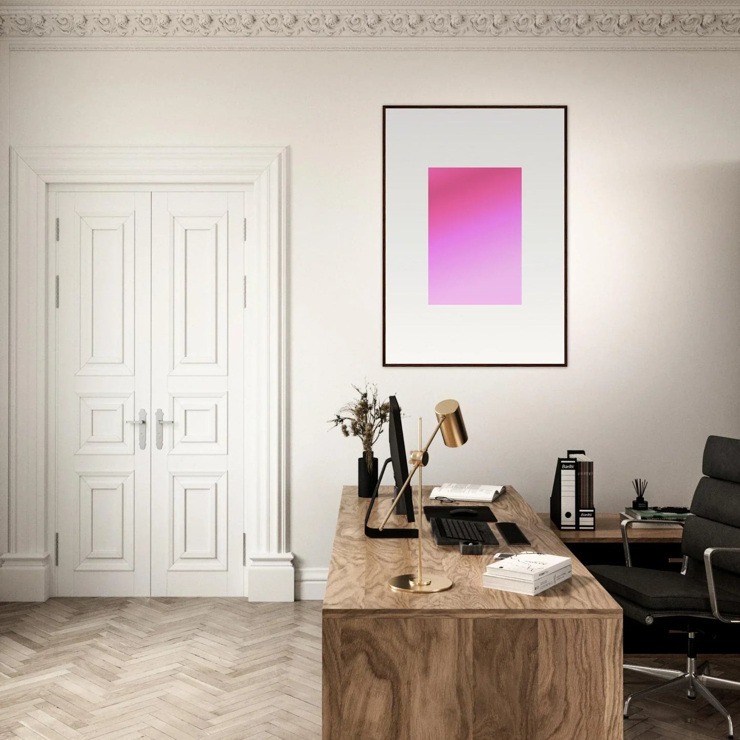 Wooden desk with typewriter and supplies on Cerise Dream Surface for special edition art™