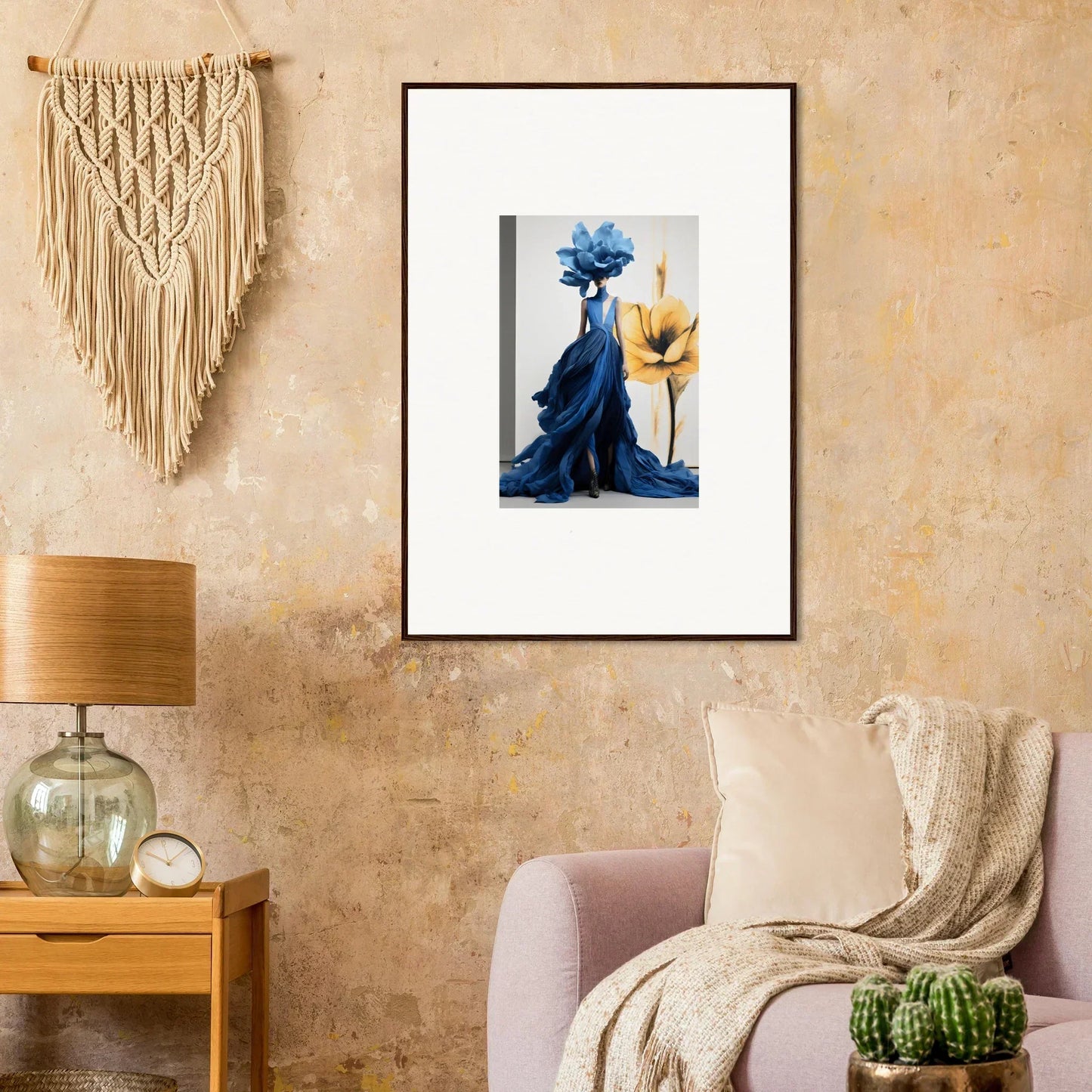 Framed wall art of a figure in a blue dress by a yellow flower from Cerulean Bloom Envoy