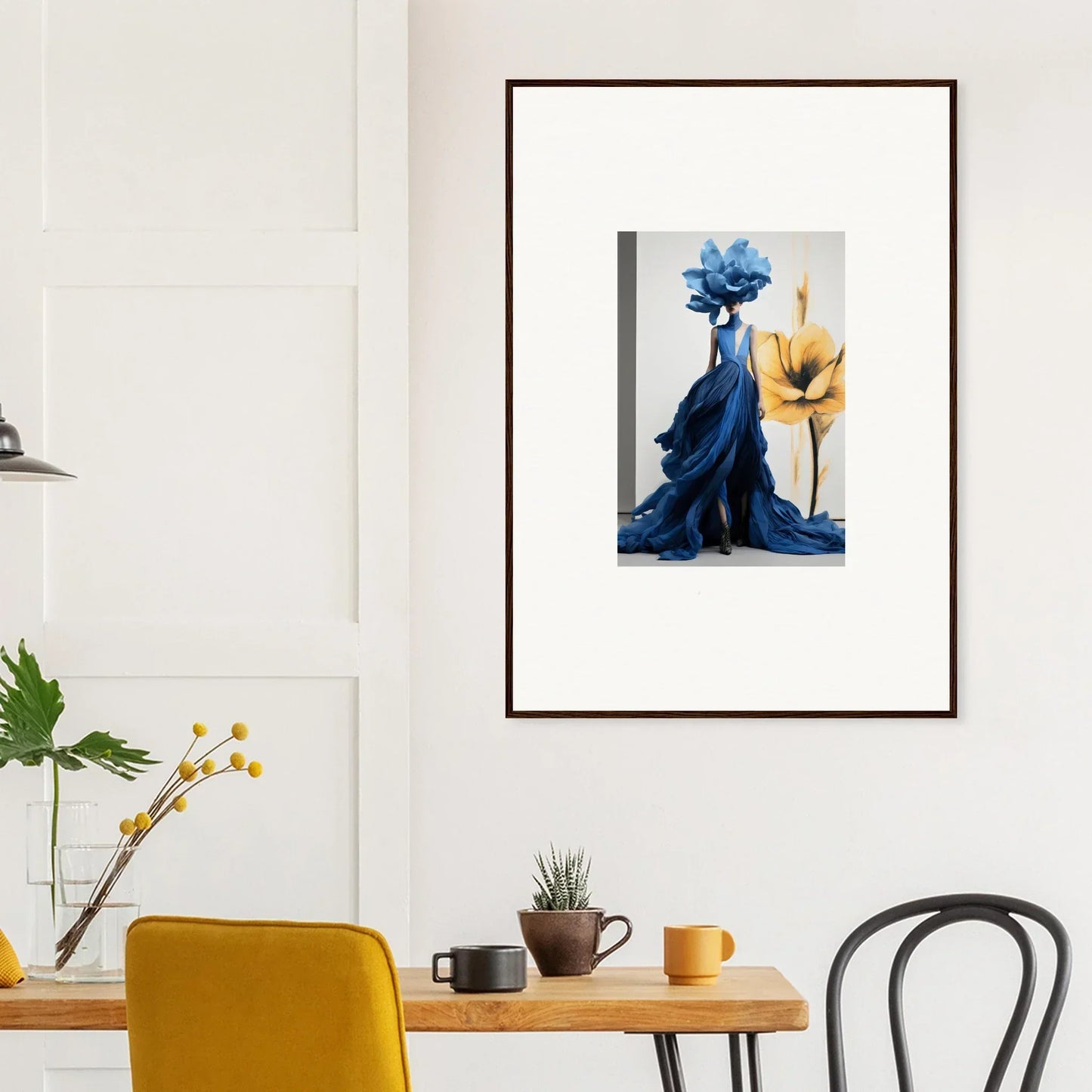 Framed wall art of a flowing blue dress with flower, Cerulean Bloom Envoy special edition