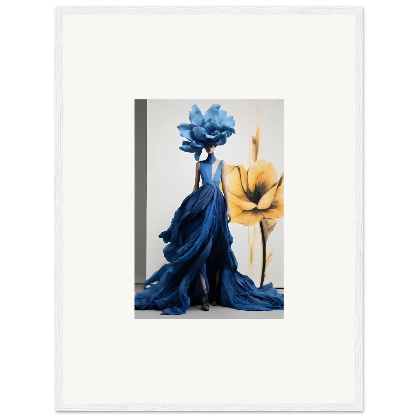 Dramatic blue evening gown with floral headpiece from Cerulean Bloom Envoy collection
