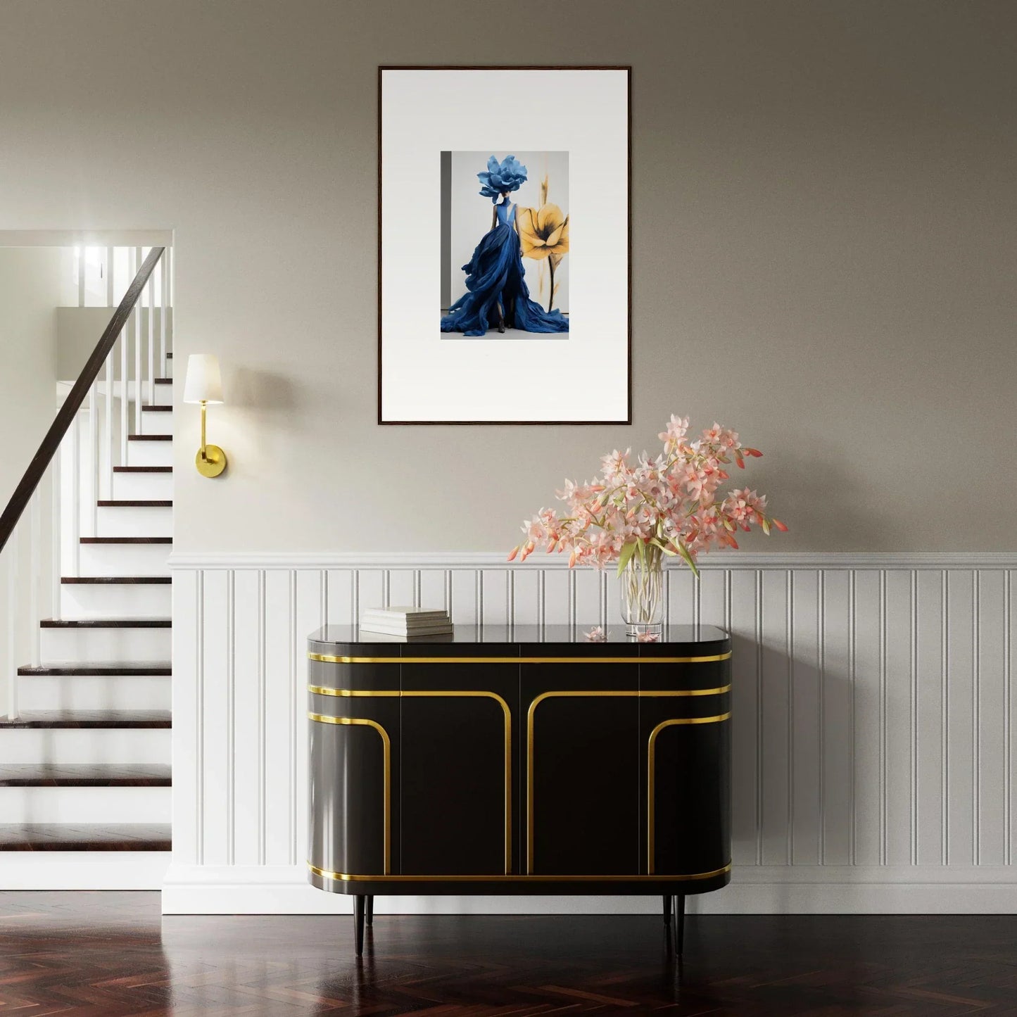 Art Deco-style black cabinet with gold trim, part of Cerulean Bloom Envoy collection