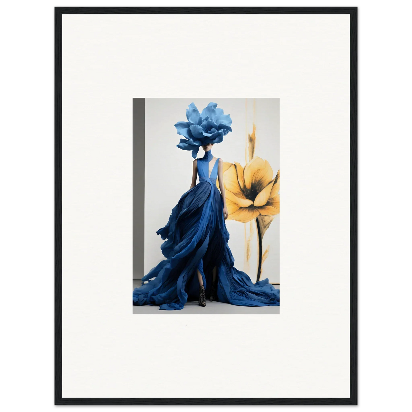 Dramatic blue gown with floral headpiece by yellow flower in Cerulean Bloom Envoy art