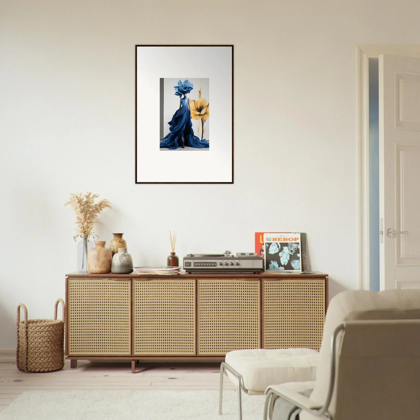 Rattan-fronted wooden credenza from the Cerulean Bloom Envoy collection