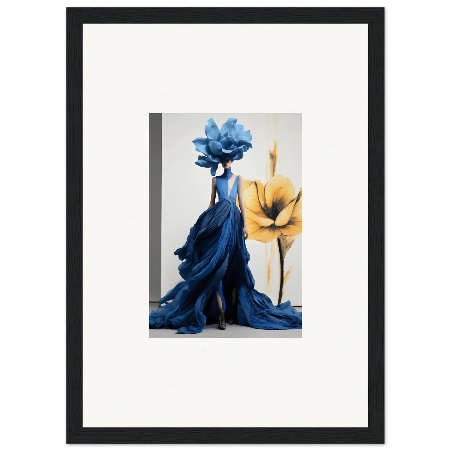 Dramatic blue evening gown with flower headpiece in Cerulean Bloom Envoy art piece