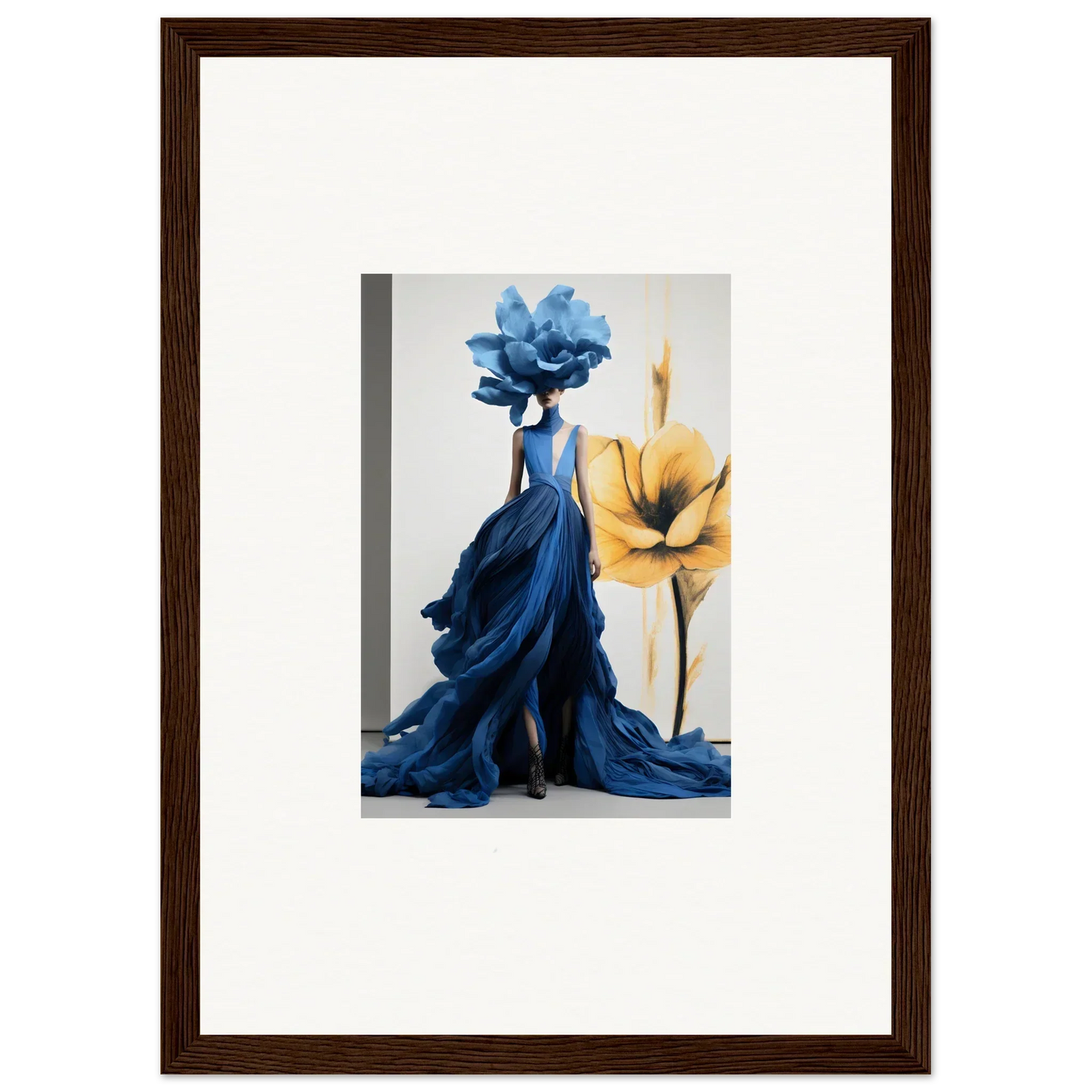 Flowing blue dress with rose top next to yellow flower in Cerulean Bloom Envoy art