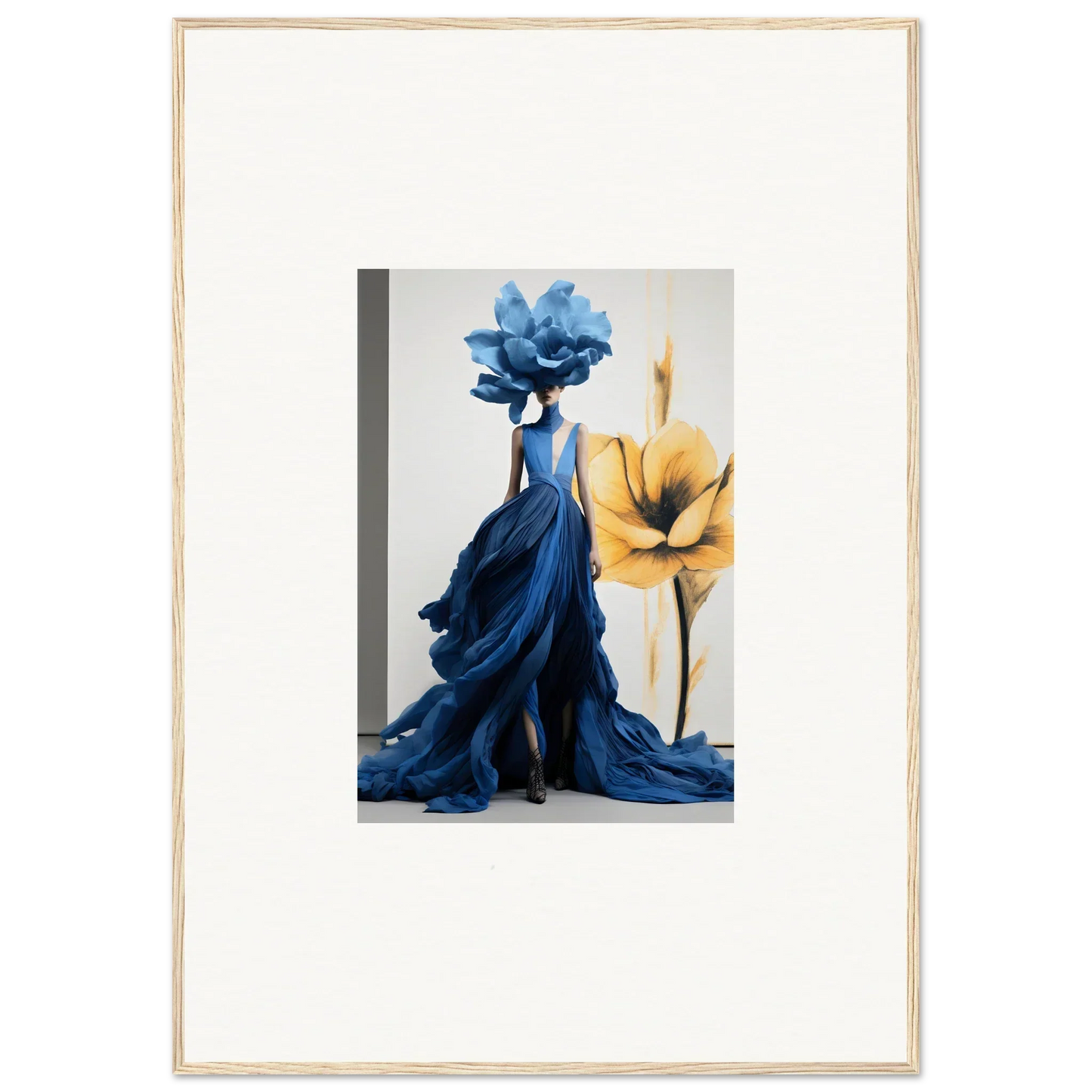 Cerulean Bloom Envoy dress with rose headpiece by a vibrant yellow flower