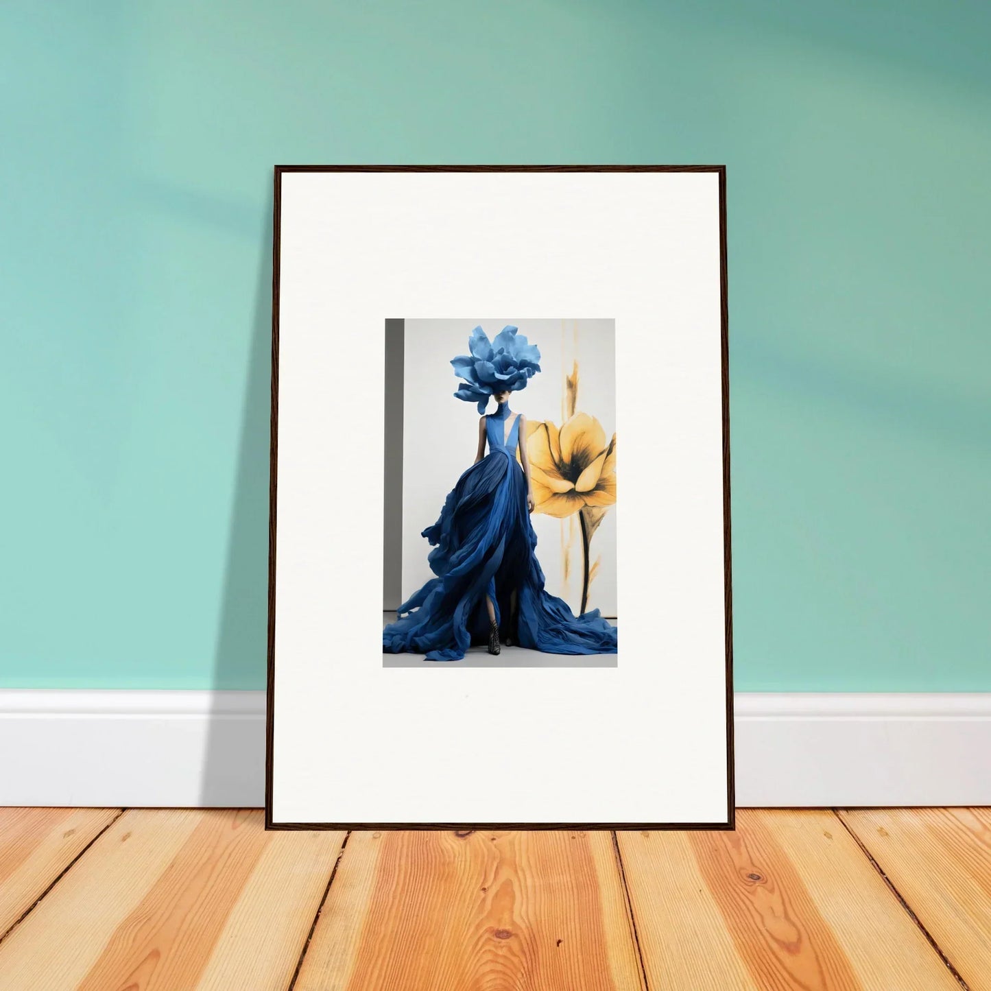 Framed wall art of a blue dress and yellow flower in Cerulean Bloom Envoy