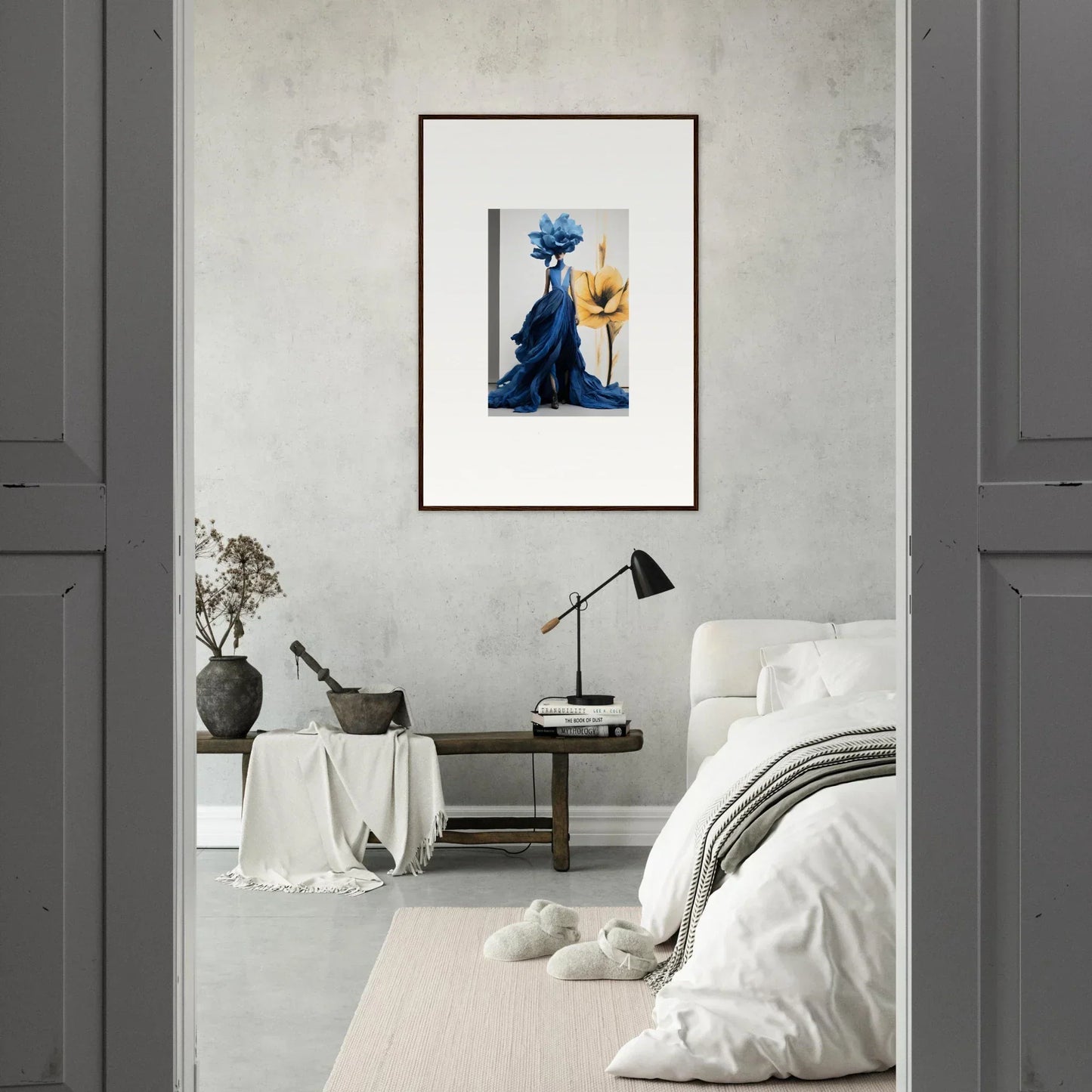 Framed wall art of Cerulean Bloom Envoy with figure in blue and yellow flowers