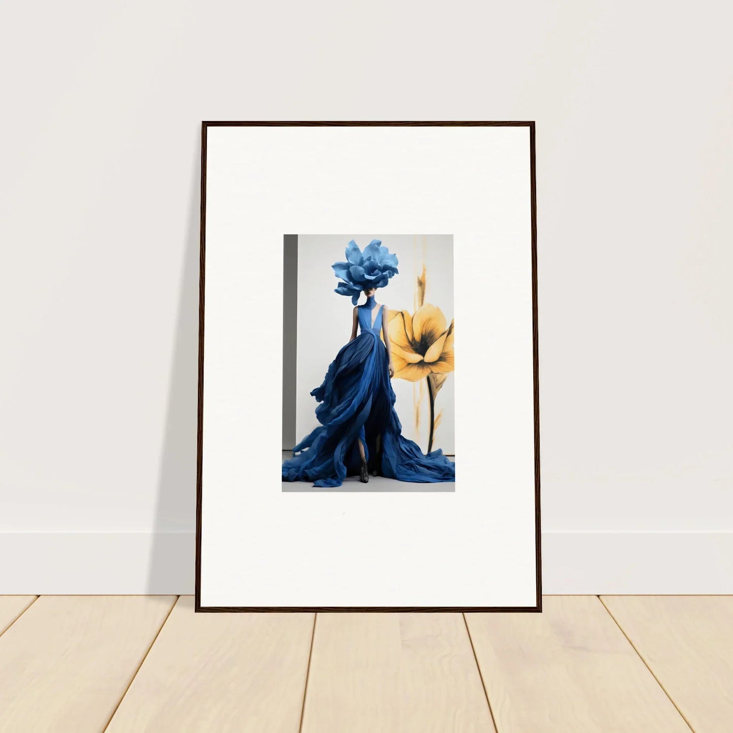Framed wall art of Cerulean Bloom Envoy with a blue dress and yellow flower