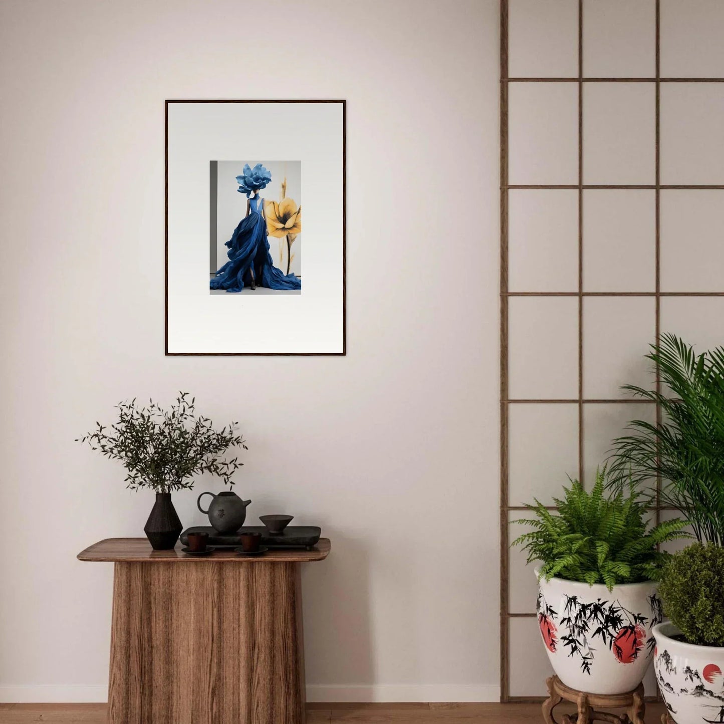 Framed wall art of blue and yellow flowers in a vase from Cerulean Bloom Envoy