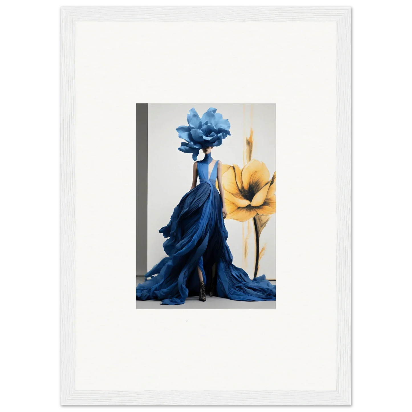 Flowing blue dress with rose top next to yellow flower in Cerulean Bloom Envoy art