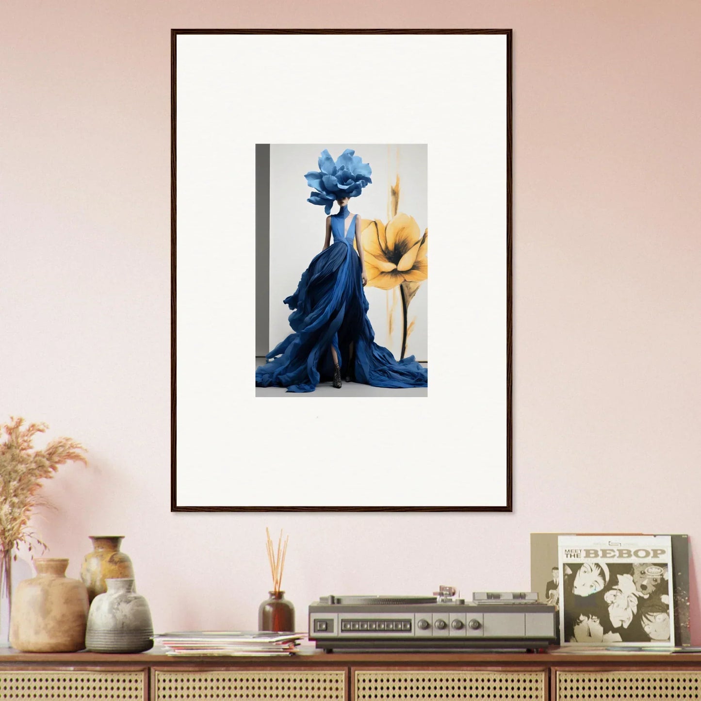 Framed wall art of Cerulean Bloom Envoy with a figure in a blue dress and yellow flower