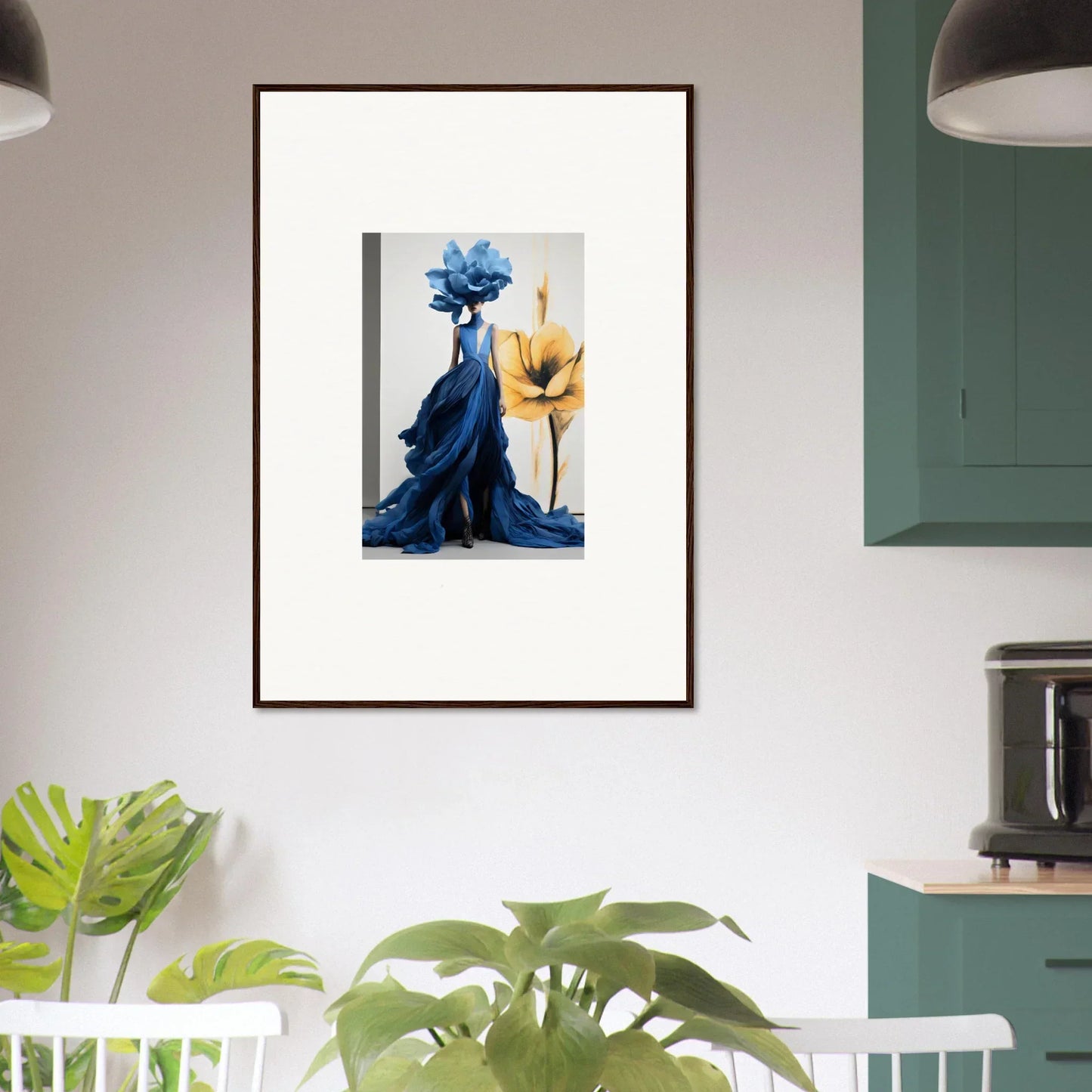 Framed wall art of a blue dress with a yellow flower in Cerulean Bloom Envoy
