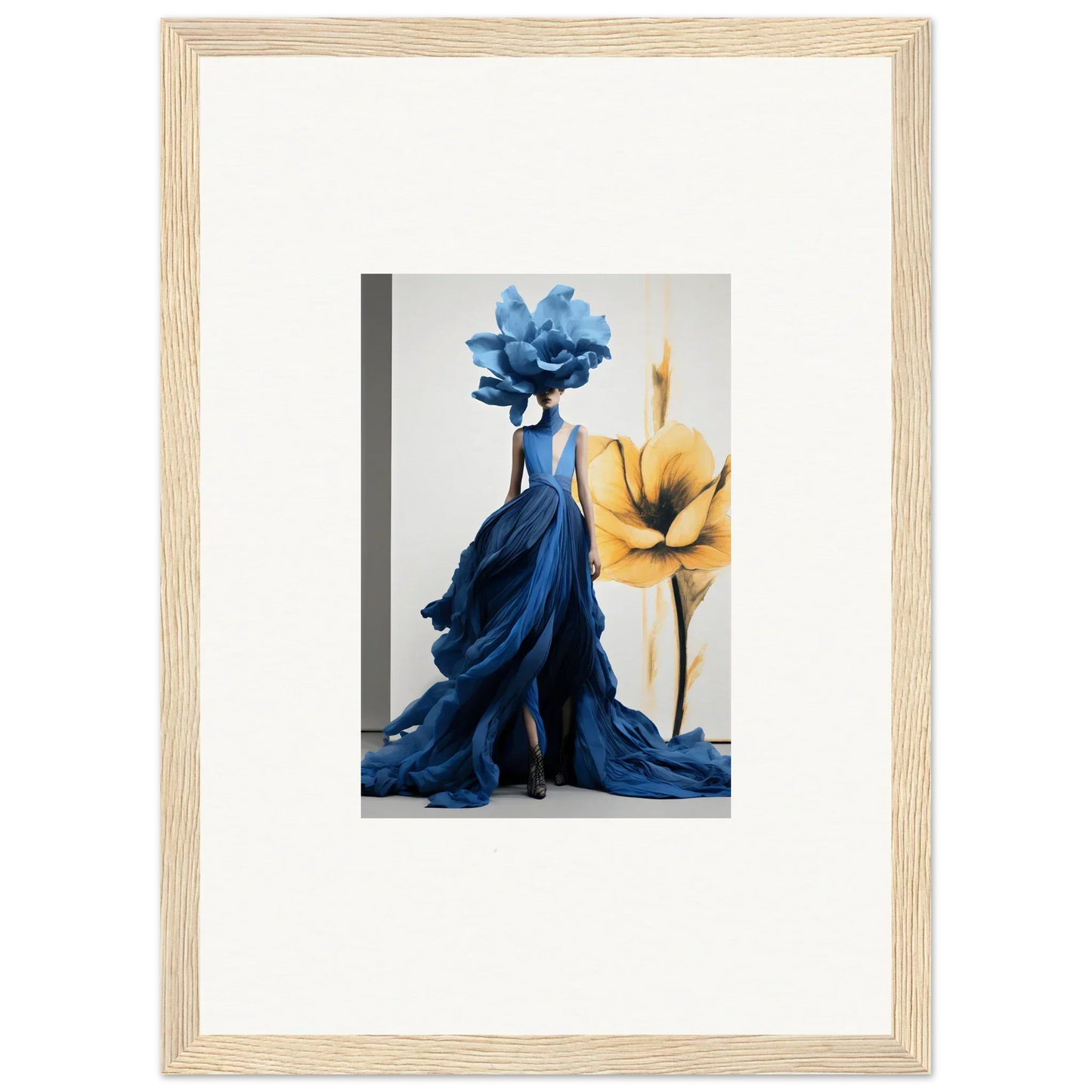 Flowing blue dress sculpture with floral top next to a yellow bloom in Cerulean Bloom Envoy