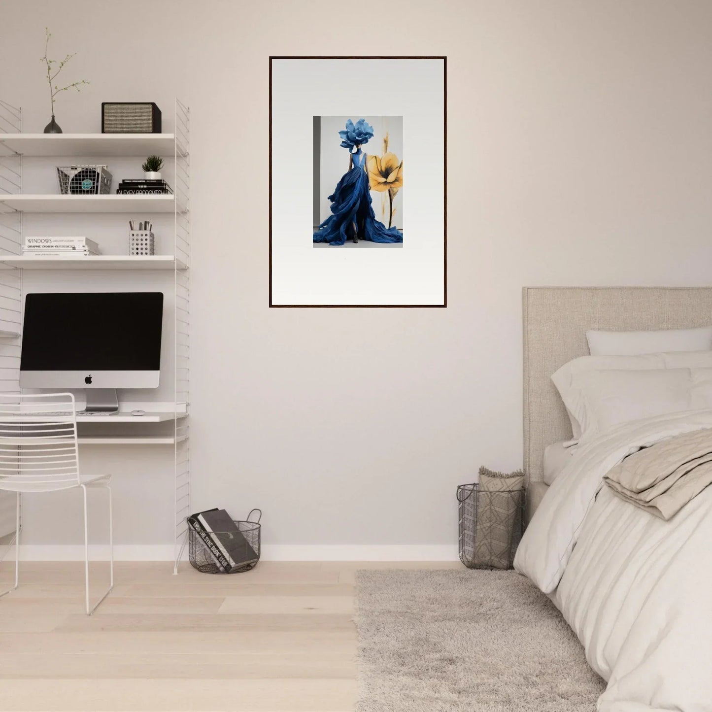 Minimalist bedroom with Cerulean Bloom Envoy framed wall art and white walls