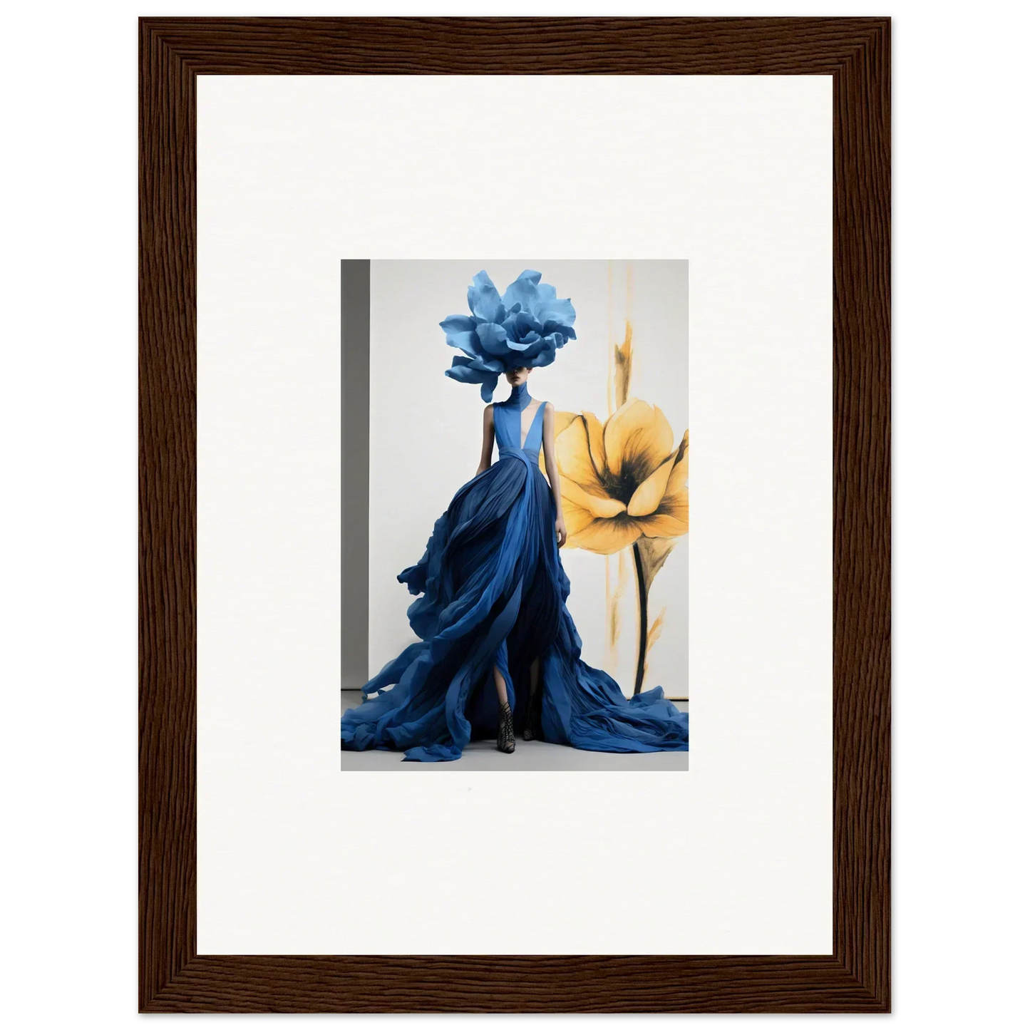 Cerulean Bloom Envoy sculpture with a floral top next to a vibrant yellow flower