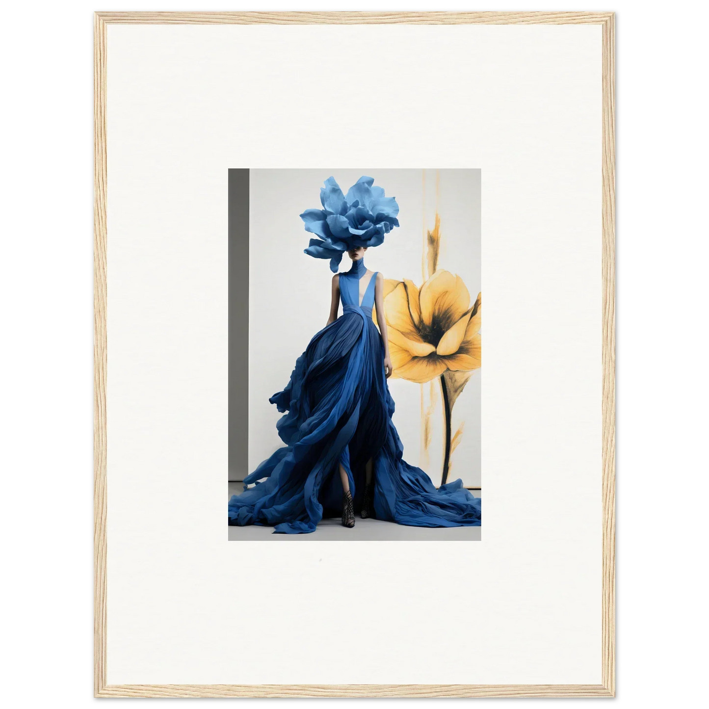 Dramatic blue gown next to a yellow flower from Cerulean Bloom Envoy special edition art™