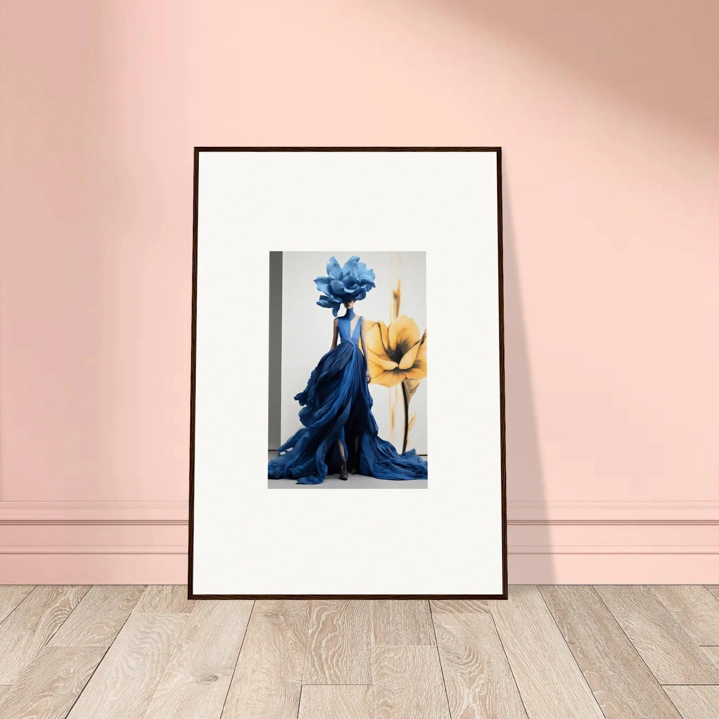 Framed wall art of a blue dress and yellow flower in Cerulean Bloom Envoy theme