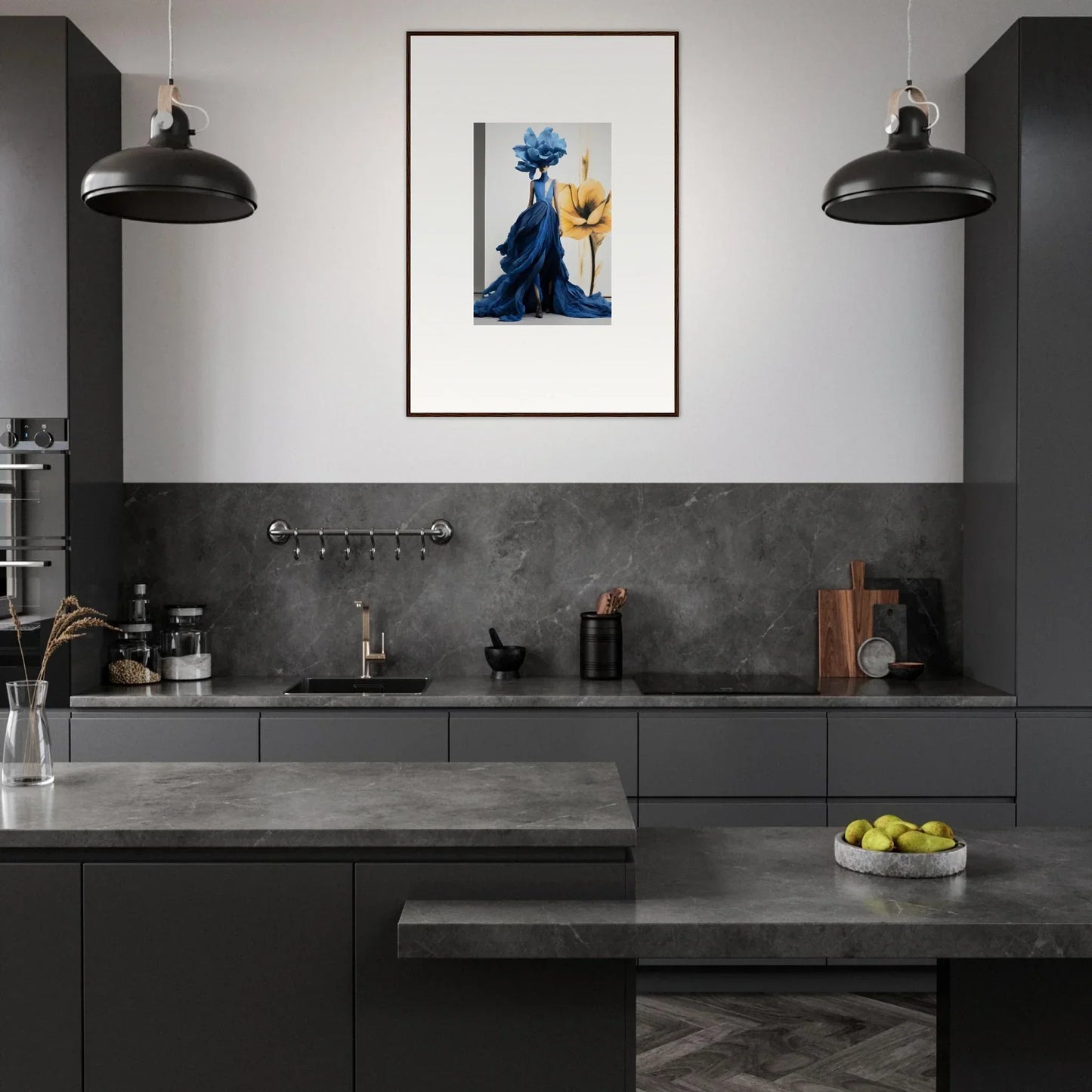 Modern dark gray kitchen with Cerulean Bloom Envoy framed wall art and black pendant lights