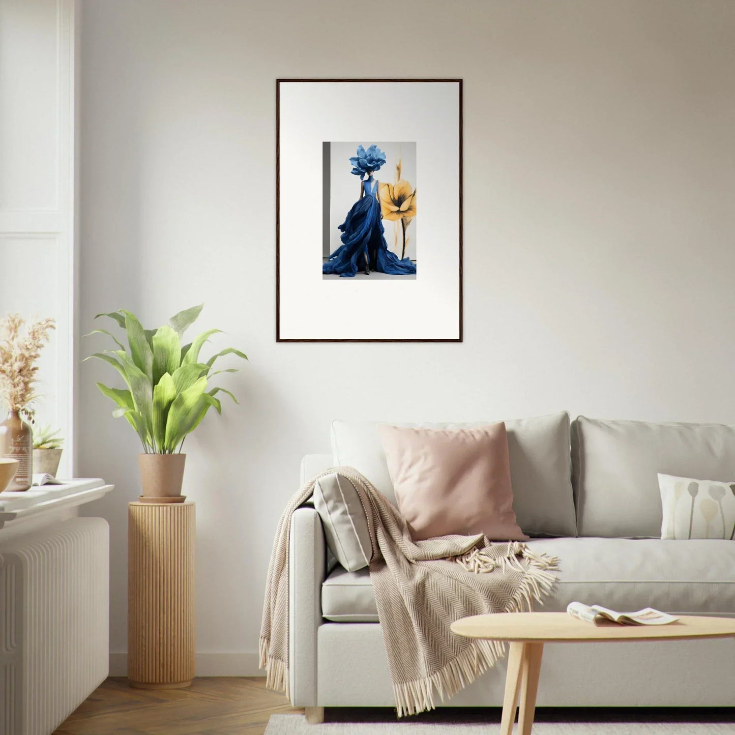 Framed wall art of Cerulean Bloom Envoy with blue flowers and a candle