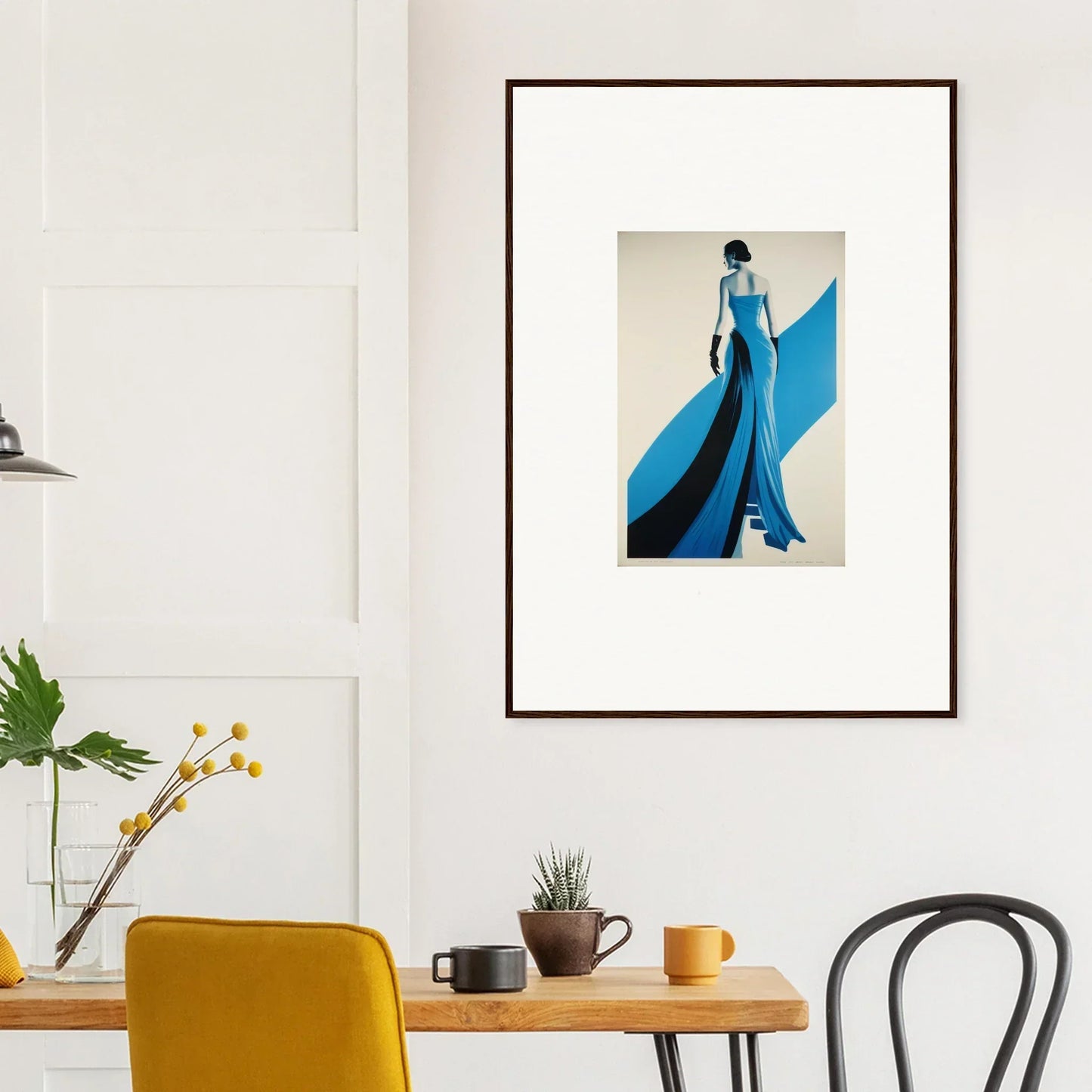 Framed wall art of a figure in a flowing turquoise gown from Cerulean Whispers Unveiled