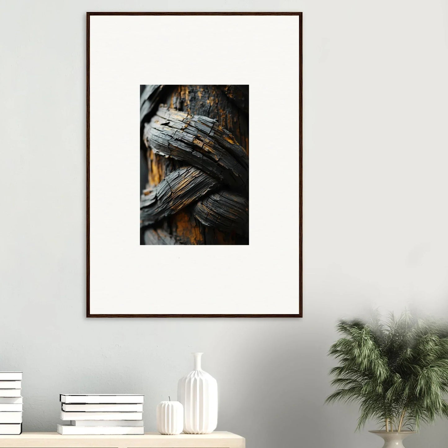 Framed photo of textured wood grain, perfect for room decoration or garden balet vibes