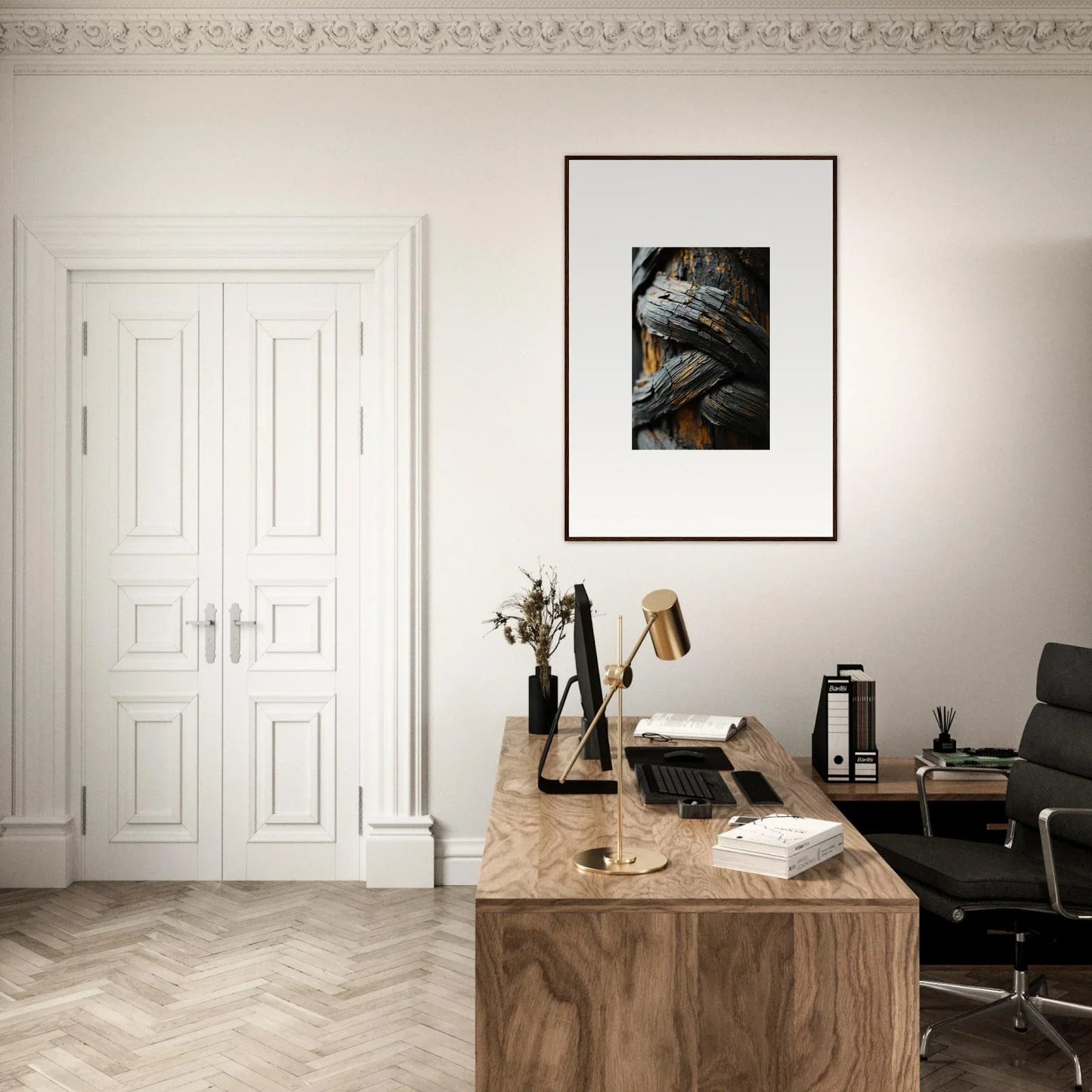 Elegant home office with wooden desk, framed Canvas Print for stylish room decoration