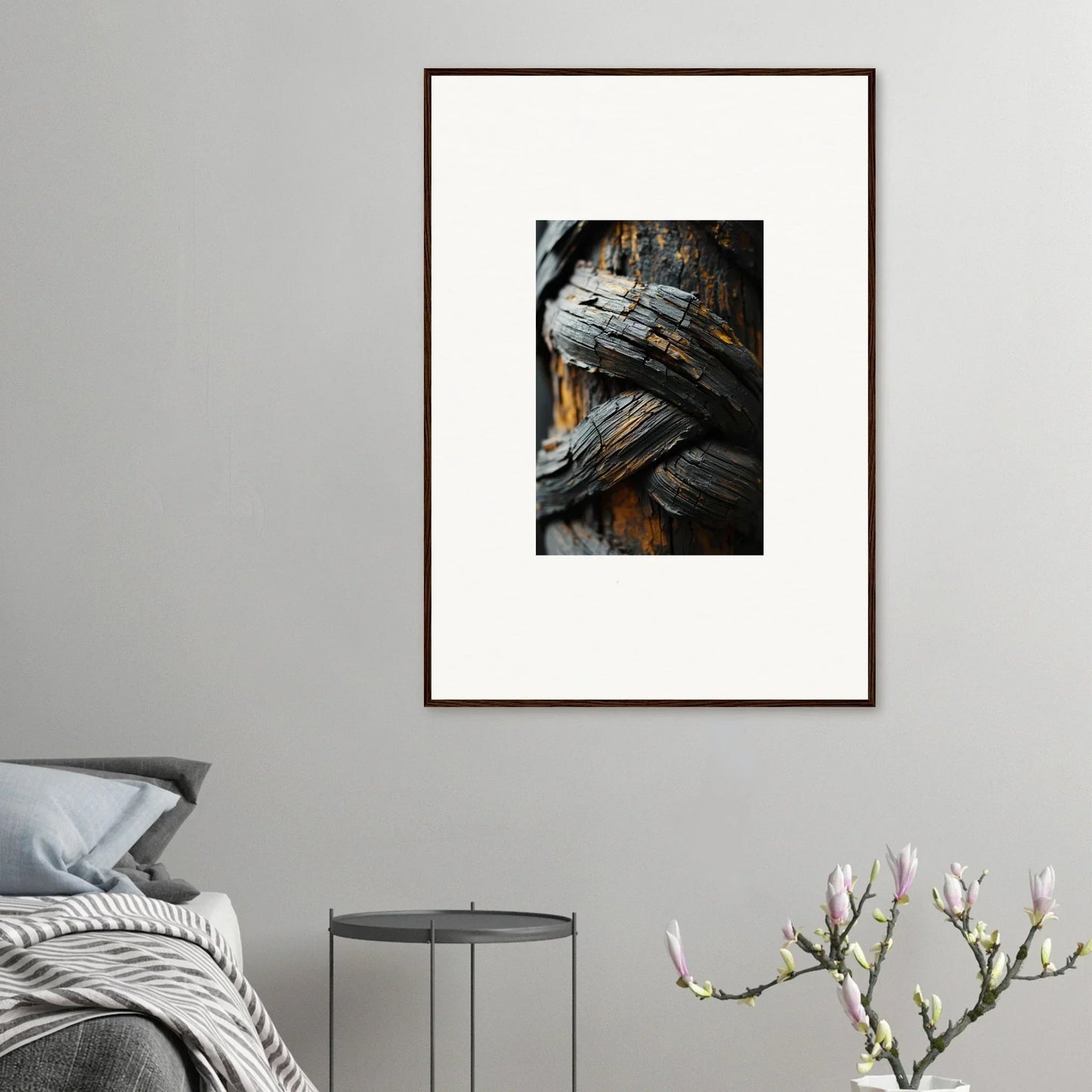 Framed canvas print of weathered rope on a post, perfect for garden balet room decoration
